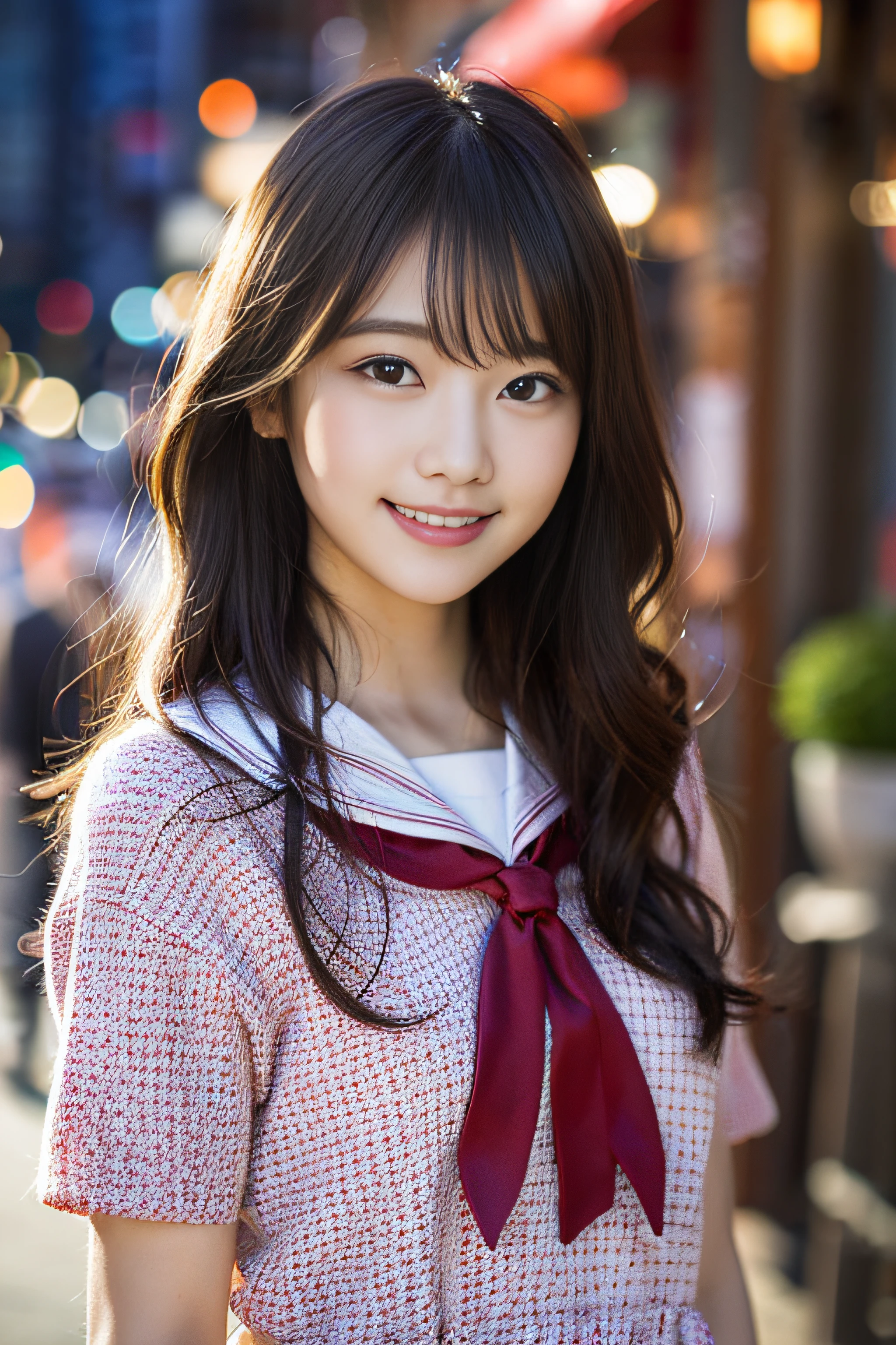(8K、Raw photography、top-quality、​masterpiece:1.2)、(realisitic、Photorealsitic:1.37)、ultra-detailliert、超A high resolution、女の子1人、see the beholder、beautifull detailed face、A smile、Constriction、(Slim waist) :1.3)、Beautiful detailed skin、Skin Texture、Floating hair、Professional Lighting、Whole human body、、japanese hight school uniform、a sailor suit、Bob Hair、E-cup、Happy smile、sixteen years old、Red ribbons、a baby face、Childish smile、Suppin、Moisturizing lips、Thin pink lips、luxury hotel restaurant、nighttime scene