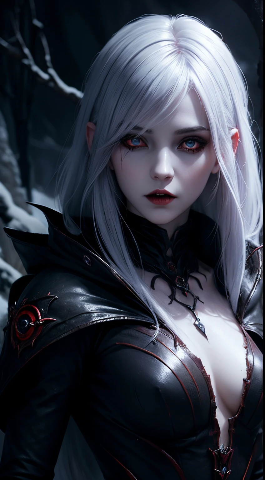 female vampire, dark cave background, dark eyes, blood pupils, snow hair, fantasy colors, random beautiful dress, half body, dangerous, creepy look, masterpiece, ultra high details