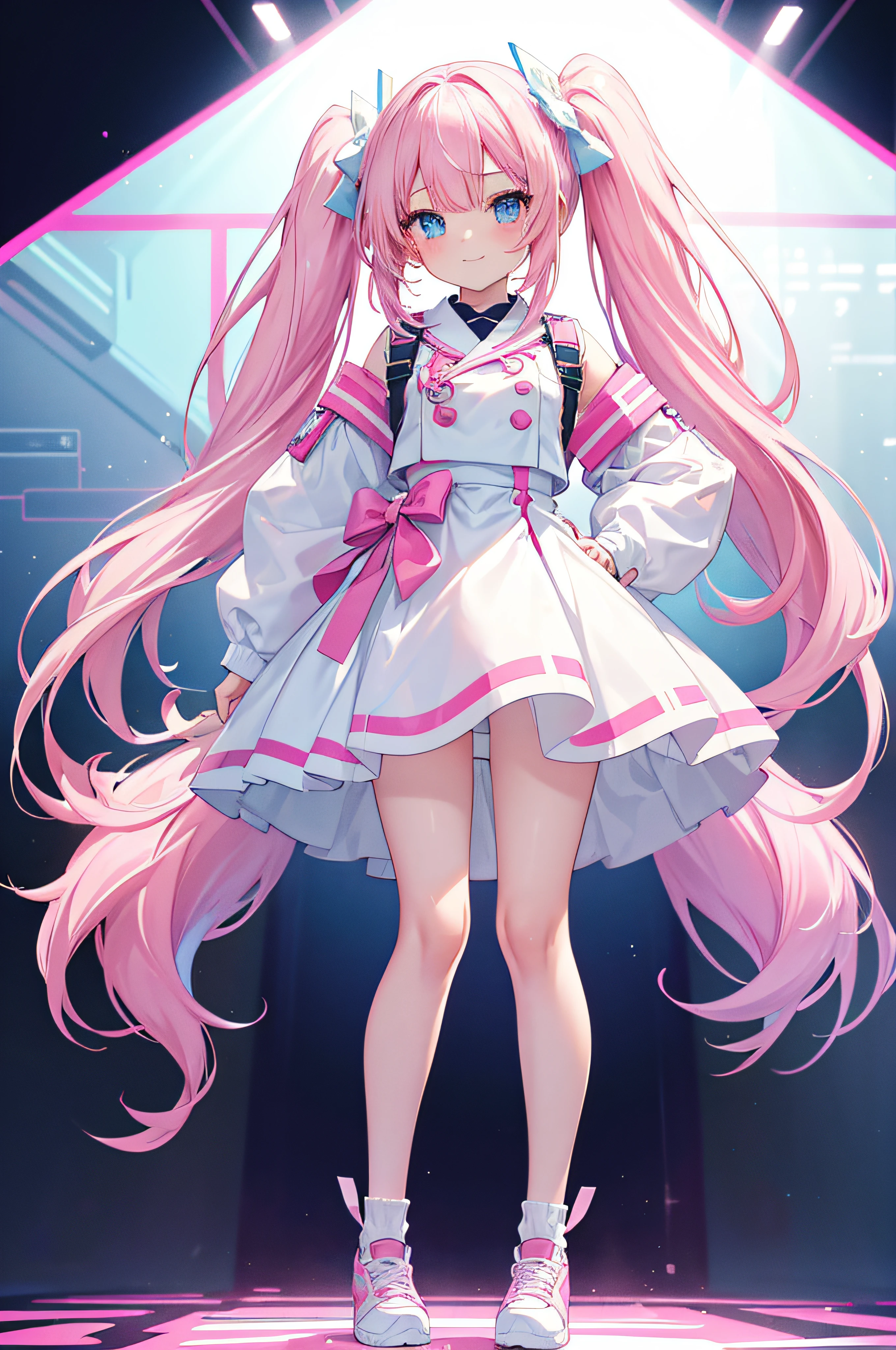 One Cute Girl, Longhair twintail , white-pink hair, blue eyes, cute gotchic pink-white outfit, smile, standing, standing pose, no pose, general pose, white background, high res, ultrasharp, 8K, masterpiece, fullbody