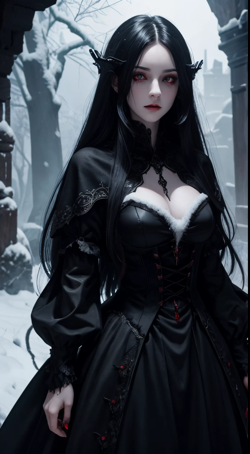 female vampire, dark cave background, dark eyes, blood pupils, snow hair, fantasy colors, random beautiful dress, half body, dangerous, creepy look, masterpiece, ultra high details