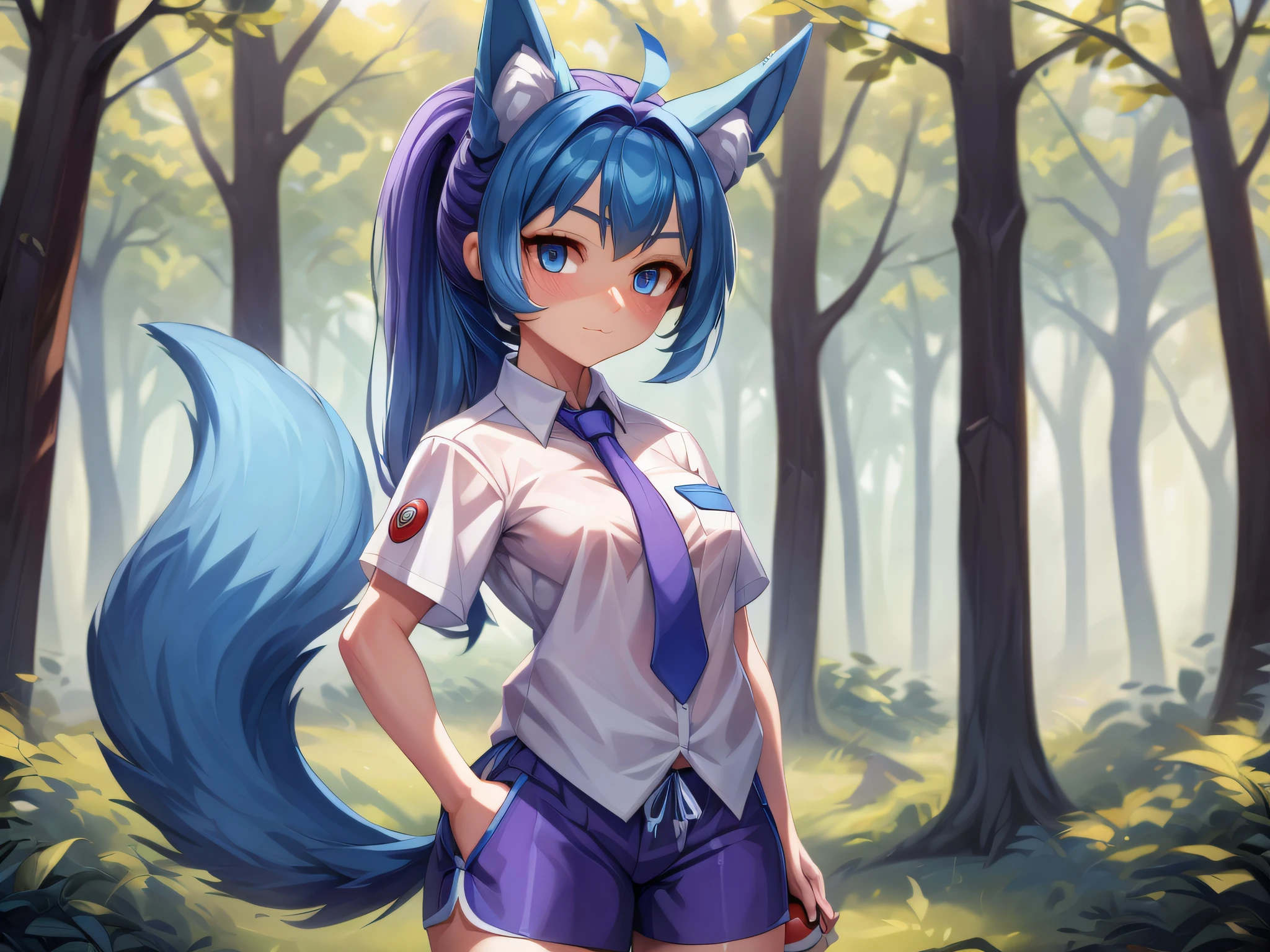 (Masterpiece) (High Detail) (High Res) A short petite humanoid girl with skin and blue eyes and long blue hair and blue dog ears and a big fluffy dog tail is stood alone in a forest dressed as Nemona, nemona \(pokemon\) wearing a button up white shirt and purple tie and purple tight shorts and is holding a pokeball.