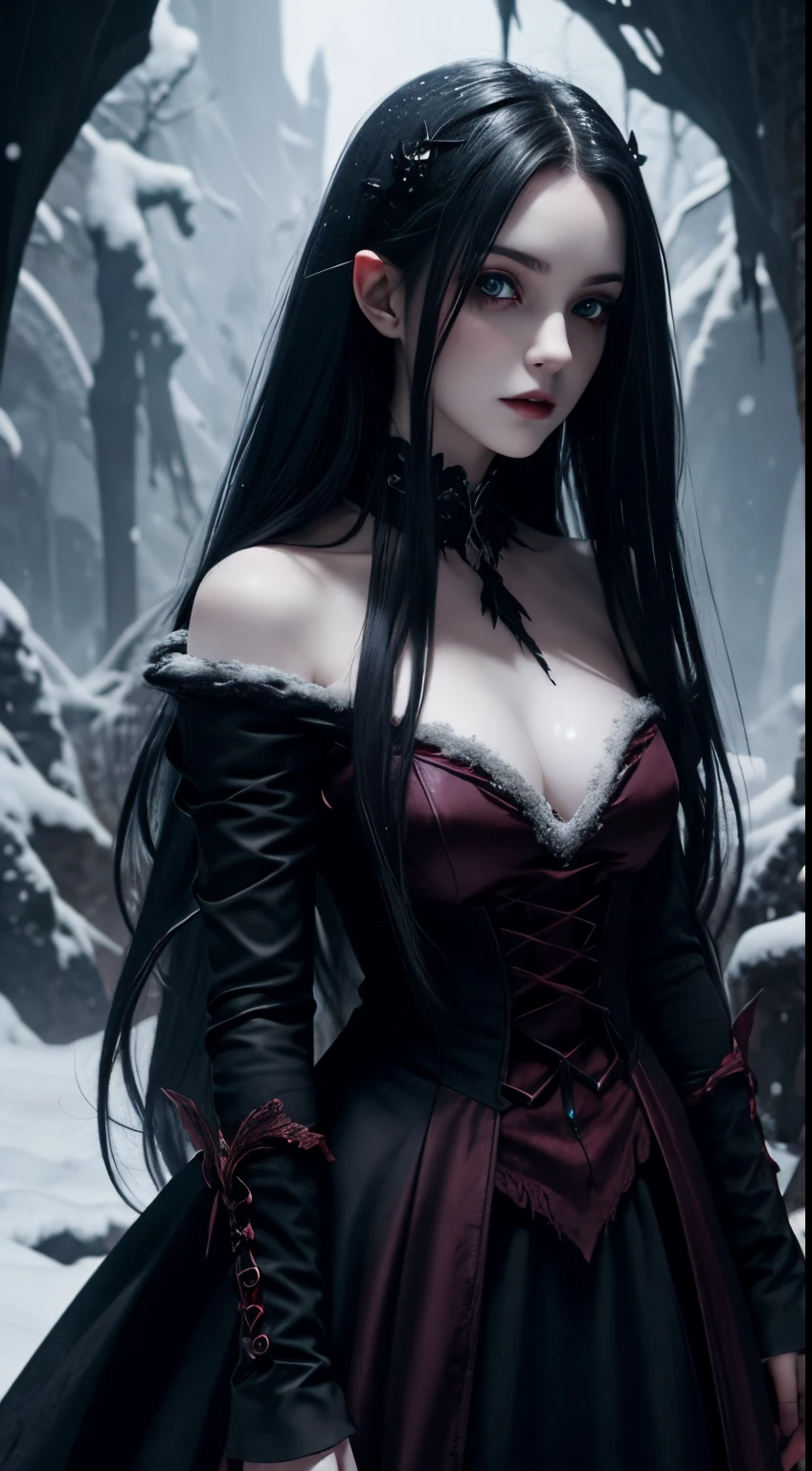 Araffe dressed as a sexy "snow white" with a red bow and a red bow, beautiful vampire queen, realistic cosplay, Marceline from Adventure Time, anime girl cosplay, 4K HD snow white hair, beautiful vampire queen, snow white as a d &d fighter, snow white, anime cosplay, cosplay, vampire Carmilla, with long dark hair, in the dark woods, spooky atmosphere, torn clothes, large breasts, full body, photo from below