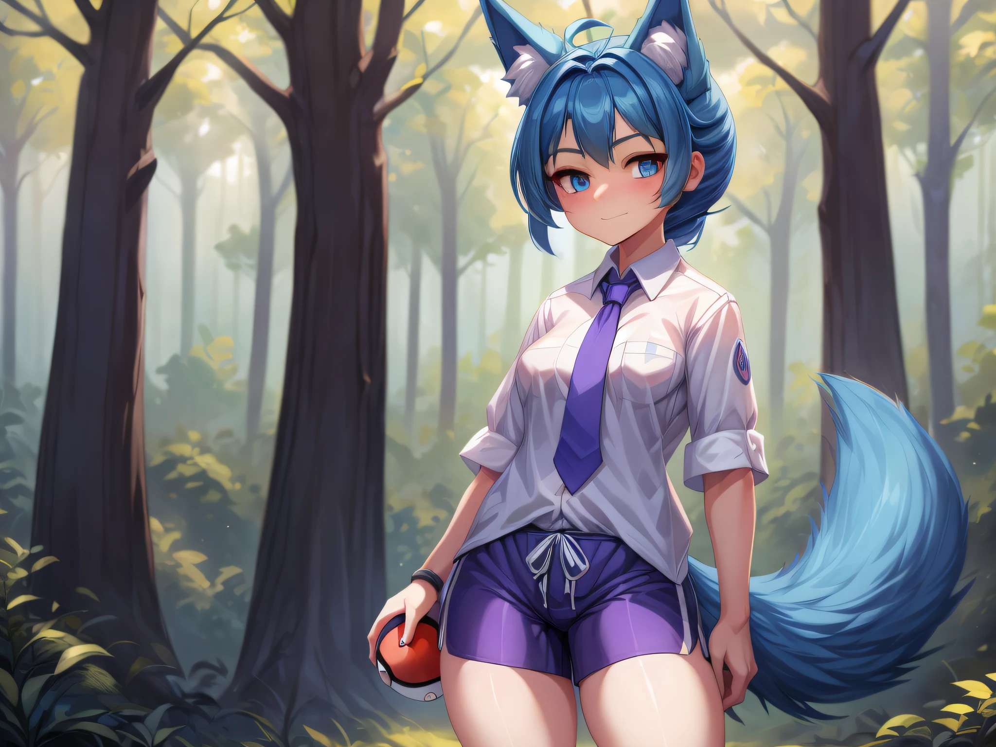 (Masterpiece) (High Detail) (High Res) A short petite humanoid girl with skin and blue eyes and long blue hair and blue dog ears and a big fluffy dog tail is stood alone in a forest dressed as Nemona, nemona \(pokemon\) wearing a button up white shirt and purple tie and purple tight shorts and is holding a pokeball.