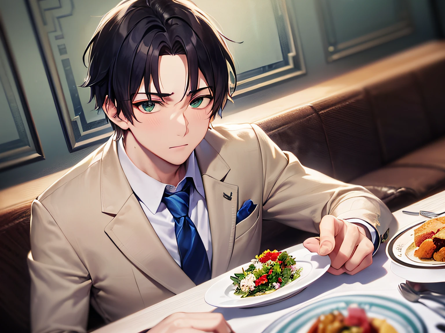 masterpiece、hightquality、25-year-old man with short black hair and green eyes、He wears a beige suit and white buttoned shirt.、Wearing a blue tie、(Alone:1.5)、(Nervous look:1.1)、(Close-up of your face:1.3)、(Only the upper body is shown.:1.3)、be at a fancy restaurant、sitting on、Bold composition、