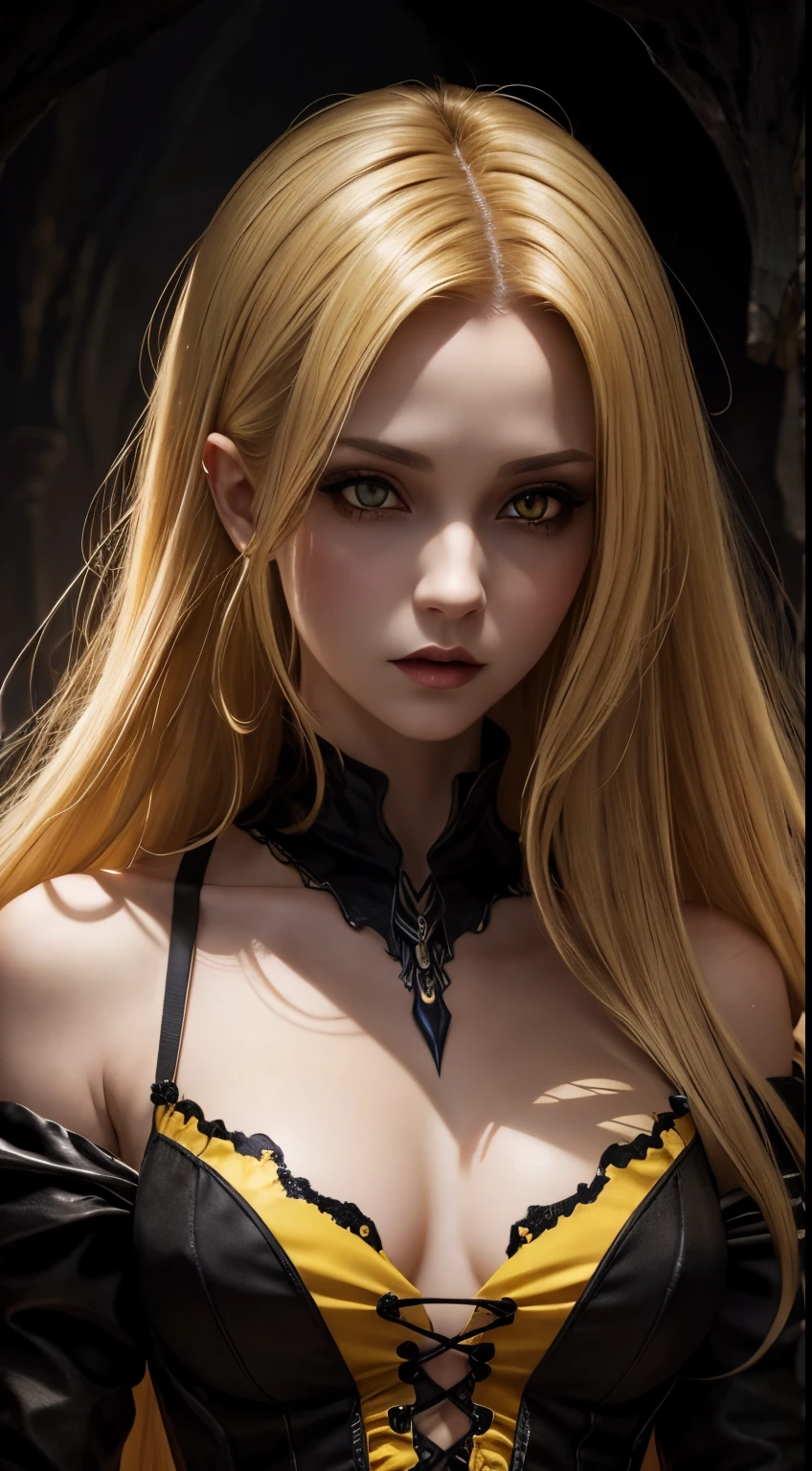 female vampire, dark cave background, brown eyes, yellow pupils, blonde hair, fantasy colors, random beautiful dress, half body, dangerous, creepy look, masterpiece, ultra high details