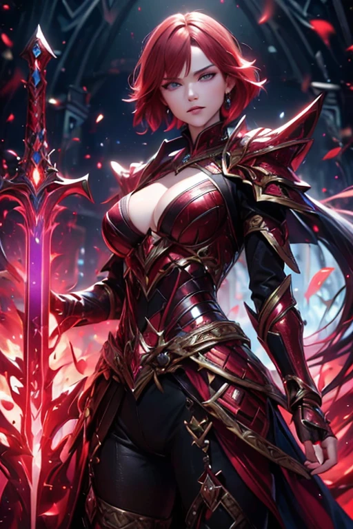 (best quality,4k,highres),redhead warrior women in battle,blue eyes, short hair,red hair (redhead):1.1,purple armor,gold plating,fire magic (magic:1.1),holding sword,purple earrings, smirk, confident, large breast,exposed belly button (sexy),casting spell,ultra-detailed,realistic,vivid colors, purple gems, dragon tattoo, tattoo on stomach,
