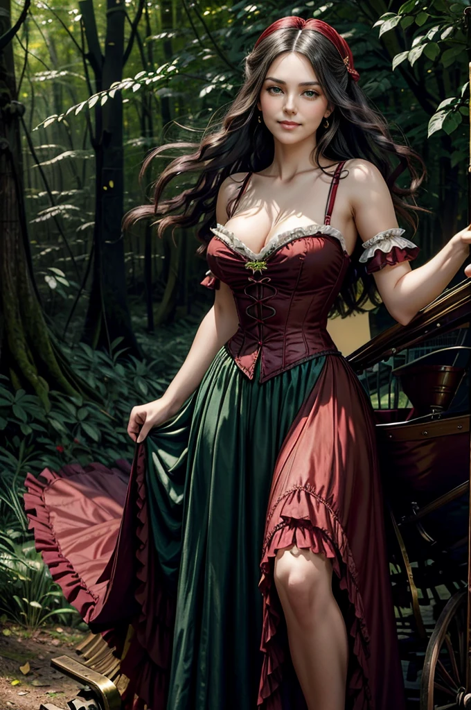 a woman with ((long hair)), ((green eyes)), 18 years old, smiling, sexy body, wearing red dress with colorful layers and full skirt,((Victorian era style)), ((Half Body Shot)), in the background gypsy carriage in a forest, Daeni Pin Style, [Daniel F. Gerhartz Style::0.5], UHD Image, Hire, 8k, Photo-Realistic, Epic Lighting, Sharp, Realistic, Romantic, Focus,