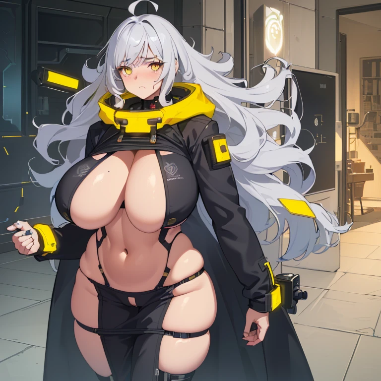 ((1 cyborg woman)),((huge breasts)),((curvy woman)),((walking in a room)),((a vibrator shaped like a penis stuck in her pussy)),((embarrassed face )),((bare breasts, with lots of bubbly hair, wearing a scientist's coat)),((long gray hair, bright yellow eyes)),((with an assistant,)),((facing the viewer) ),