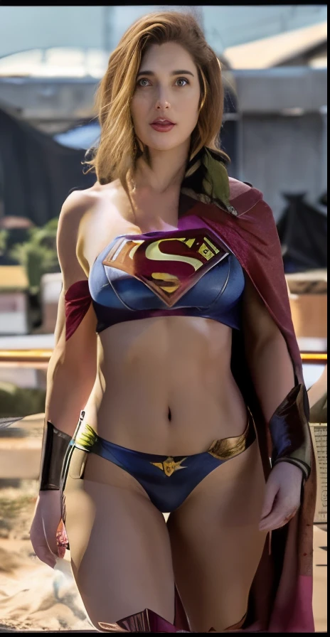 a woman dressed as superman in a deserted area, Supergirl, bodybuilder superhero bikini, superhero body, Menina do poder, Gal Gadot como Supergirl, her navel is exposed, Gal Gadot como Senhor do Inferno, Super-homem, CGSetivity 4K", lasso, amouranth as a super villain, o super quente e sexy, super foto realista, metal bikini