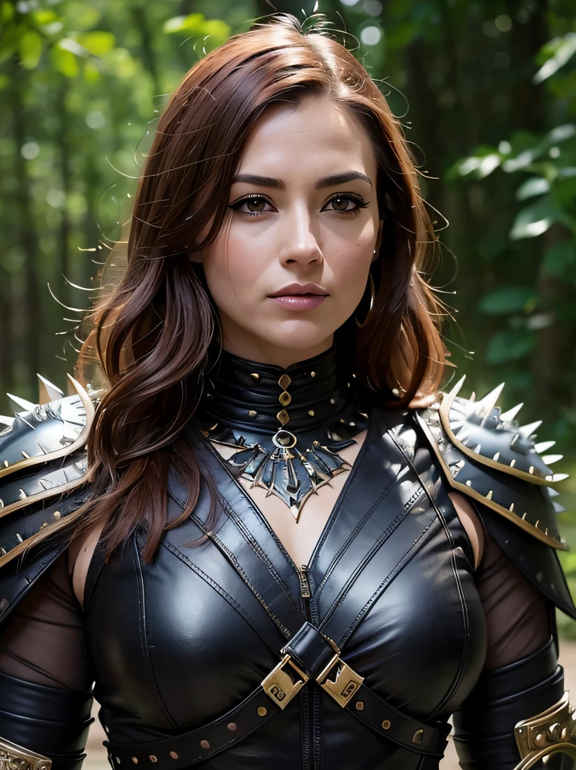 （​masterpiece、top-quality、raw、analog style）、foco nítido、Photorealsitic、Stunning portrait of a beautiful woman、face lights、Short red hair、((highlydetailed skin、Skin Details))、Brown Leather Studed Leather Armor、With shoulder armor（Lots of spikes）、Warrior armor、Wearing long black leather pants with belt、Warrior armor、Meadow at dusk、Illumination from upper left、Sharp eyes、ighly detailed、battle posture、Cluttered and detailed background