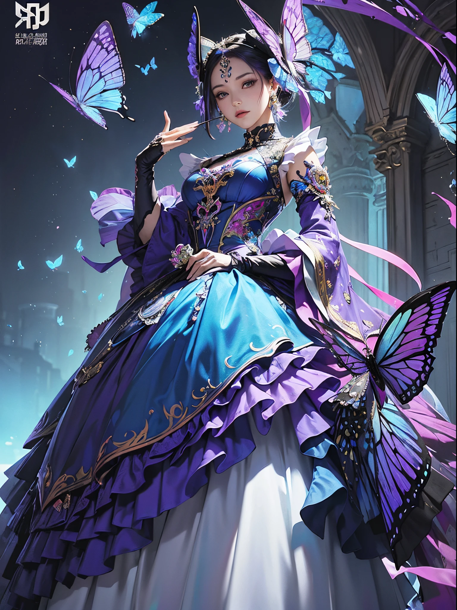 Butterfly motif、Purple and blue tones、Vibrant colors、((masterpiece)))、(((top-quality)))、((ultra-detailliert))、(A hyper-realistic)、(highly detailed CGillustration)、From the right side、Official art、Kiev at the beginning of the 20th century、Decadent、Madame Papillon、Cool Beauty、Masquerade、refinement、Elegance、Gorgeous、Masks that cover most of the face、Colorful and detailed mask design、matchless beauty、Fans、gorgeous dress、jewely、Perfect Angle、perfect-composition。full body Esbian