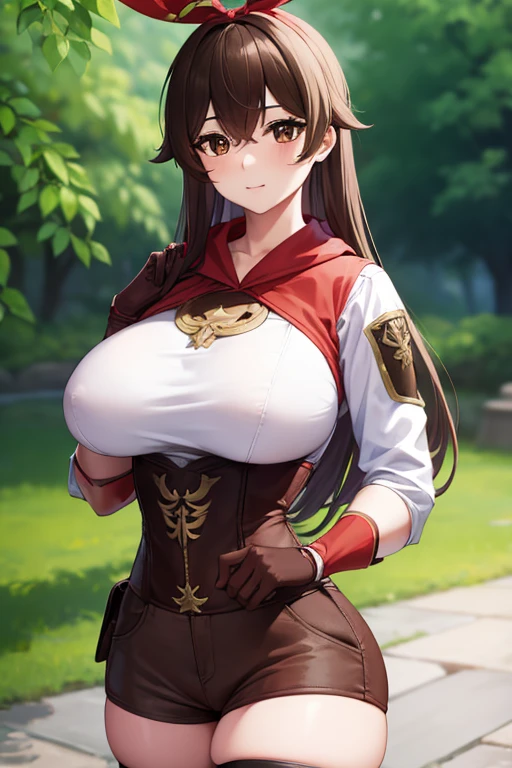 genshinamber, amber, brown hair, long hair, (brown eyes:1.5), hair between eyes, hair ribbon, ribbon, red ribbon, (small breasts:1.2), smile,
BREAK brown shorts, long sleeves, white thighhighs, shorts, thighhighs, jacket, crop jacket, red jacket, corset, gloves, brown gloves,
BREAK outdoors, nature, forest,
BREAK looking at viewer, (cowboy shot:1.5), upper body,
BREAK (masterpiece:1.2), best quality, high resolution, unity 8k wallpaper, (illustration:0.8), (beautiful detailed eyes:1.6), extremely detailed face, perfect lighting, extremely detailed CG, (perfect hands, perfect anatomy), (Beautiful,large_Breasts:1.8), big breasts, large breasts, (big breasts:1.7), (huge big breasts:1.8), masterpiece),best quality, expressive eyes, perfect face, 1girl, big breast, H-cup, good breast, beautiful, gorgeous,anime,girl,lora, nipple visible though clothes,ph, Masterpiece 8k