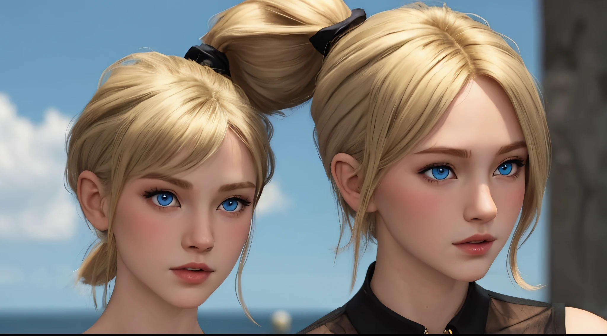 Hot blonde woman ponytail blue eyes