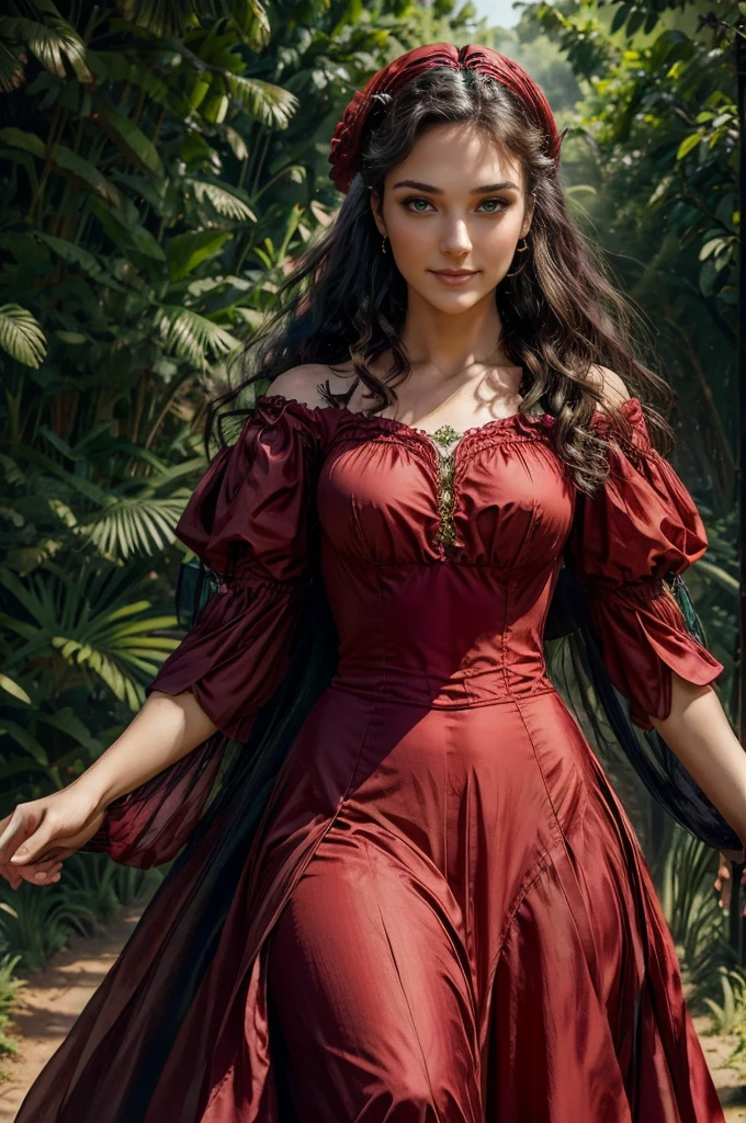 a woman with ((long curly hair)), ((green eyes)), 18 years old, smiling, sexy body, wearing red dress with colorful layers and full skirt,((Victorian era style)), ((Half Body Shot)), in the background gypsy carriage in a forest, Daeni Pin Style, [Daniel F. Gerhartz Style::0.5], UHD Image, Hire, 8k, Photo-Realistic, Epic Lighting, Sharp, Realistic, Romantic, Focus,