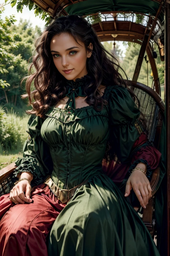 a woman with ((long curly hair)), ((green eyes)), 18 years old, smiling, sexy body, wearing red dress with colorful layers and full skirt,((Victorian era style)), ((Half Body Shot)), in the background gypsy carriage in a forest, Daeni Pin Style, [Daniel F. Gerhartz Style::0.5], UHD Image, Hire, 8k, Photo-Realistic, Epic Lighting, Sharp, Realistic, Romantic, Focus,