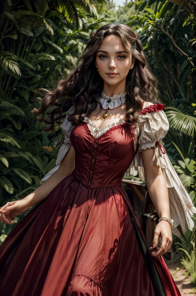 a woman with ((long curly hair)), ((green eyes)), 18 years old, smiling, sexy body, wearing red dress with colorful layers and full skirt,((Victorian era style)), ((Half Body Shot)), in the background gypsy carriage in a forest, Daeni Pin Style, [Daniel F. Gerhartz Style::0.5], UHD Image, Hire, 8k, Photo-Realistic, Epic Lighting, Sharp, Realistic, Romantic, Focus,