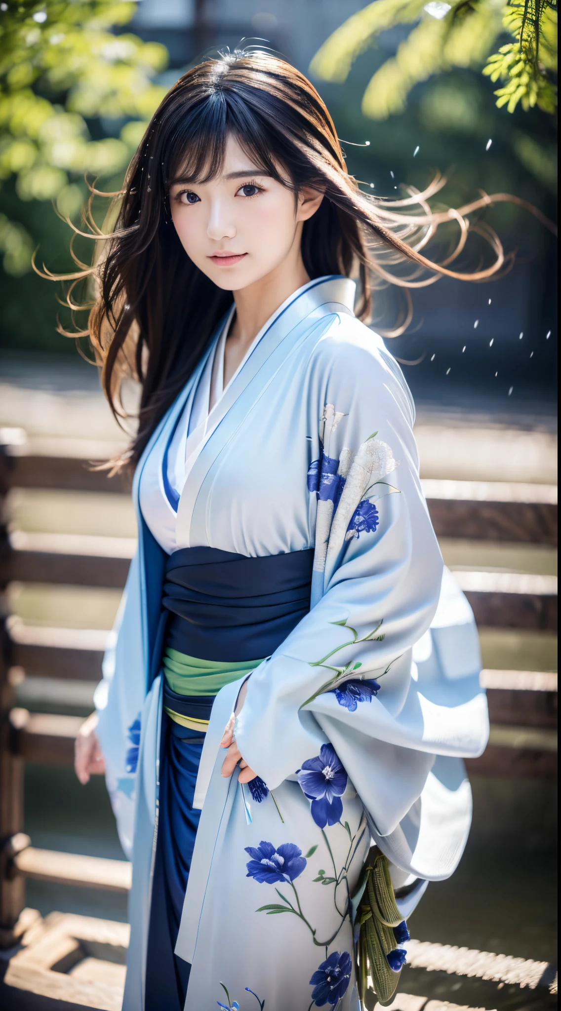 NSFW、最high quality、high quality、best image quality、8K、最High resolution、High resolution、最high quality、masterpiece、RAW photo、realistic atmosphere、(detailed face)、(fine hands、thumb１reference４)、(beauty of japan )、very nice face、cute face、((beautiful japanese girl))、(japanese woman), ((18 year old beautiful girl))、(glossy black hair)、(straight long hair)、(ponytail)、whole body、slim style、(shiny skin)、(Fair skin, Glossy skin)、real human skin、realistic human body structure、perfect body， perfect face， perfect hands， perfect fingers， perfect lips， perfect eyes，perfect teeth、perfect background， perfect atmosphere， natural soft light、photon mapping、samurai kimono、maiko kimono、servant、geisha kimono、japanese kimono、japanese traditional、In front of a samurai residence in Japan、((sheer transparent random color(samurai kimono with floral pattern、Hakama with slit))