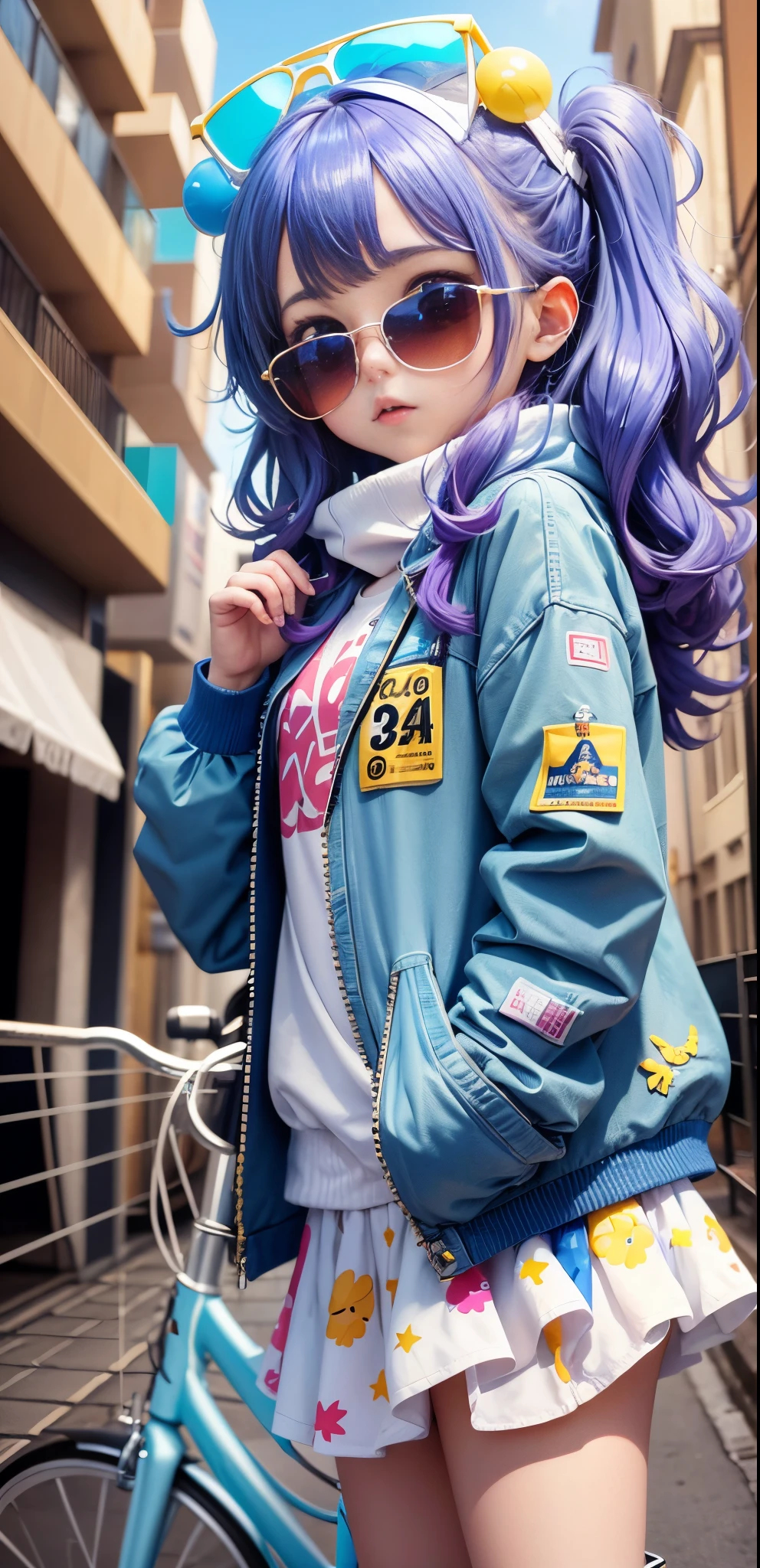 Loli girl, beautiful and cute, wearing blue sunglasses, yellow jacket, white sweatshirt, lots of colorful balloons, baby face, chibi style, red and blue two-color hair, perfect detail eyes, delicate face, perfect CG, HD picture quality, colorful balloons, sky, a white bikes parked in front of a building,