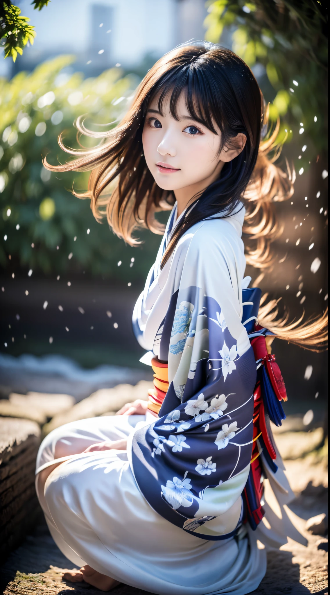 ((Kimono))、(full body Esbian)、(top-quality,masterpiece:1.3、超A high resolution)、(ultra-detailliert、Caustics)、(Photorealsitic:1.4、RAW shooting)、Ultra-realistic capture、A highly detailed、 Skin texture is natural、(voluminous hair)、25-years old、The skin looks healthy with an even tone、 Use natural light and color、One Woman、japanes、A dark-haired、Middle hair、(Hair swaying in the wind:1.1)、Beautiful skin、 Facing the front、Sit down、Light in the eyes、Looking at the camera、