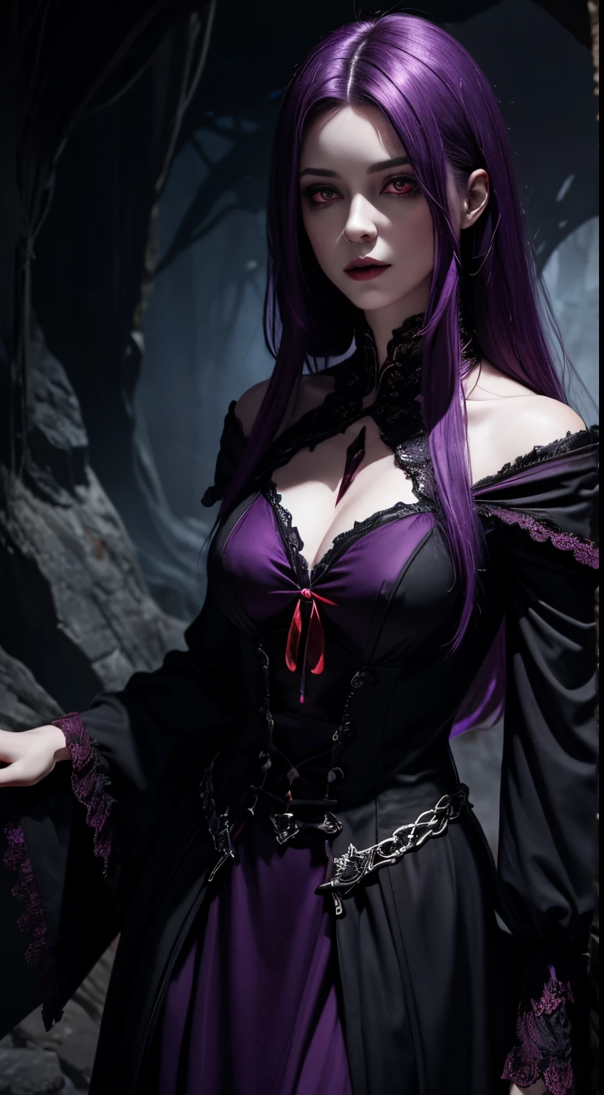 female vampire, dark cave background, black eyes, red pupils, purple hair, fantasy colors, random beautiful dress, half body, dangerous, creepy look, masterpiece, ultra high details