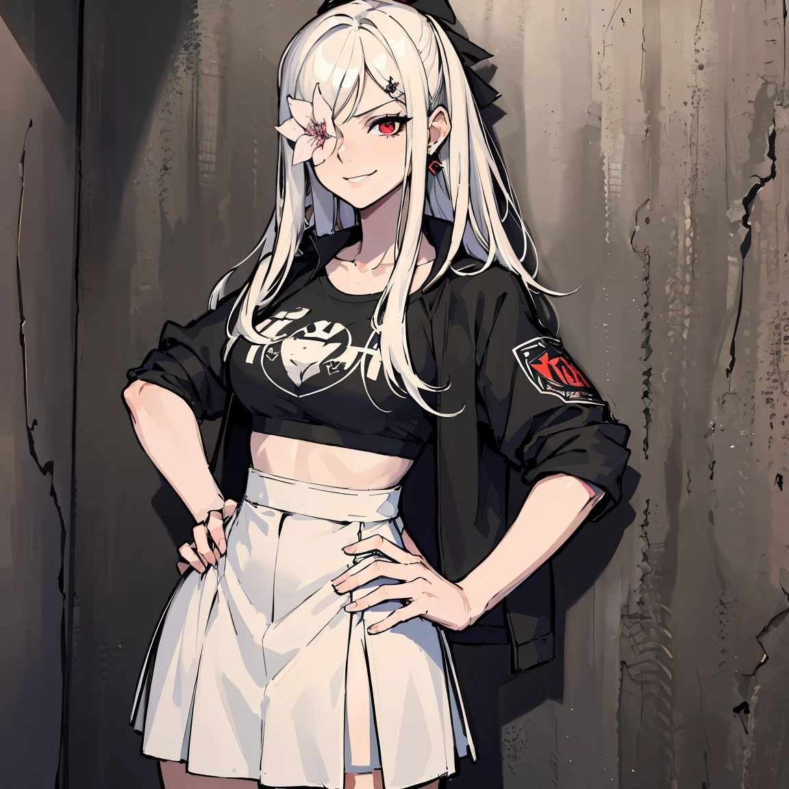 (absurdres, 8k, 4k, masterpiece, hyper extreme detailed:1.2), solo, front view portrait, best quality, portrait, solo, adult, cowboyshot, perfect anatomy, 1girl, perfect face, expressive eyes, perfect eyes, tomboy, white hair, long skirt, swept bangs, full body, WhiteOutfit, flower over eye, long hair, white hair, long hair, prosthetic arm, red eyes, black ribbon, zero, flower in eye, hands on hips, hallway background, black graphic t-shirt, white jacket, streetwear, earring, smirk, standing up, standing against wall, white jacket