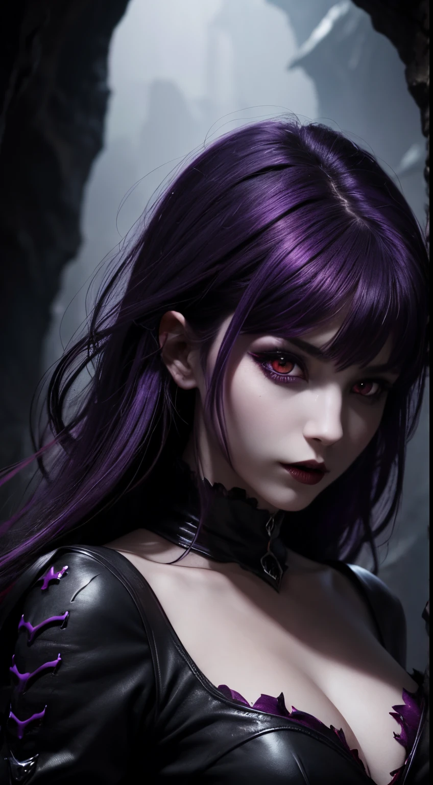 female vampire, dark cave background, black eyes, red pupils, purple hair, fantasy colors, random beautiful dress, half body, dangerous, creepy look, masterpiece, ultra high details