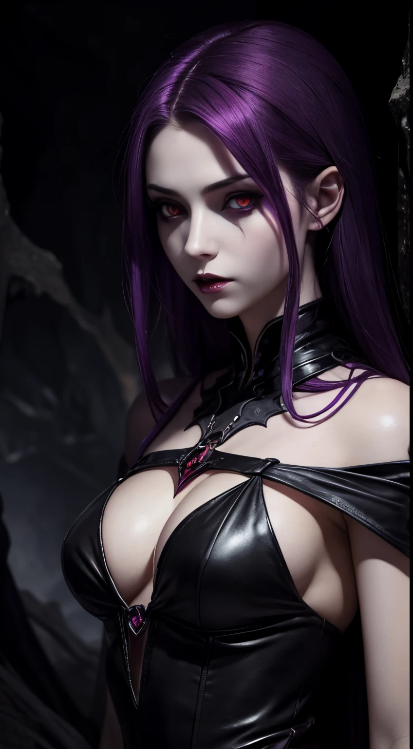 female vampire, dark cave background, black eyes, red pupils, purple hair, fantasy colors, random beautiful dress, half body, dangerous, creepy look, masterpiece, ultra high details