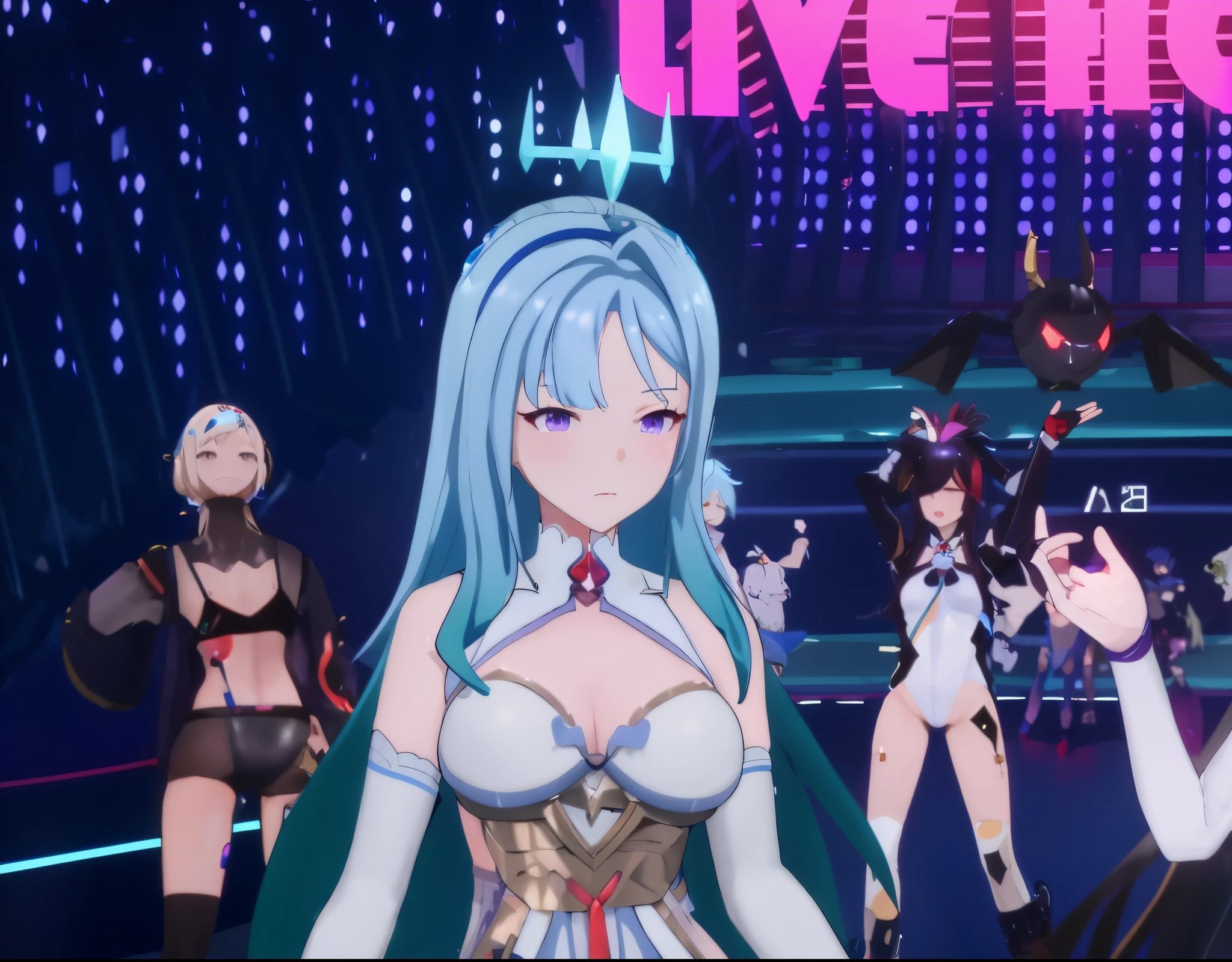 Close-up of a group of anime characters standing on stage, Translucent fluid flowing from the《Azure route》videogame, 《Azure route》The character, azur lane style, Ayaka Genshin impact, Holographic live broadcast, ayaka game genshin impact, 8K character details, Real-time 2D virtual YouTuber model, huge cosmic delta, Live 2D, Keda, a screenshot