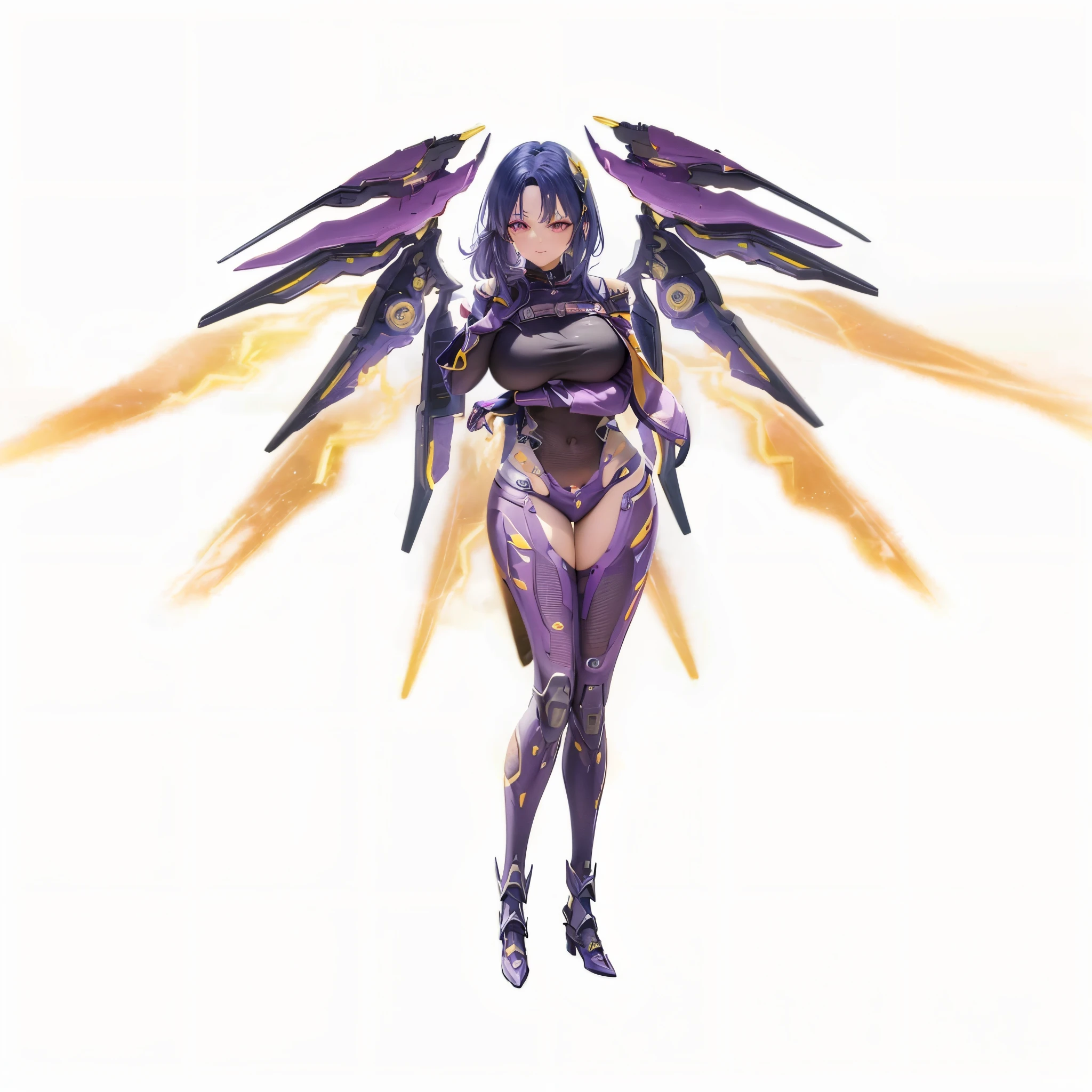 a close up of a woman in a purple and yellow outfit, mecha wings, mechanized valkyrie girl, ayaka genshin impact, seraphim, official character art, female mecha, black fire color reflected armor, ayaka game genshin impact, full body xianxia, from xenoblade chronicles, official artwork, full body concept