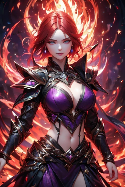 (best quality,4k,highres),redhead warrior women in battle,blue eyes, short hair,red hair (redhead):1.1,purple armor,gold plating,fire magic (magic:1.1),holding sword,purple earrings, smirk, confident, large breast,exposed belly button (sexy),casting spell,ultra-detailed,realistic,vivid colors, purple gems