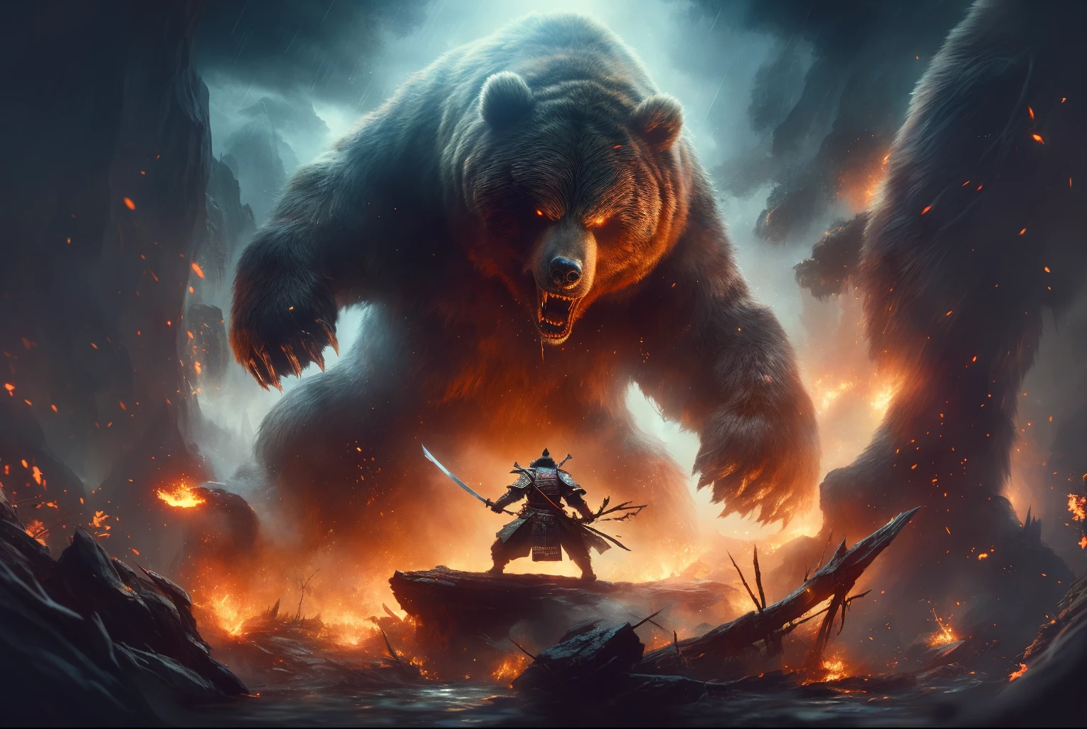 Giant Monster Arafed Bear attacked a man with a sword in the forest, wojtek fus, 4k fantasy art, by Aleksi Briclot, 8k fantasy art, concept art wallpaper 4k, fantasy art behance, Jessica Rossier Fantasy Art, trending on artstation 4k, 4K cinematic wallpaper, Cinematic wallpaper 4 K, epic fantasy artwork