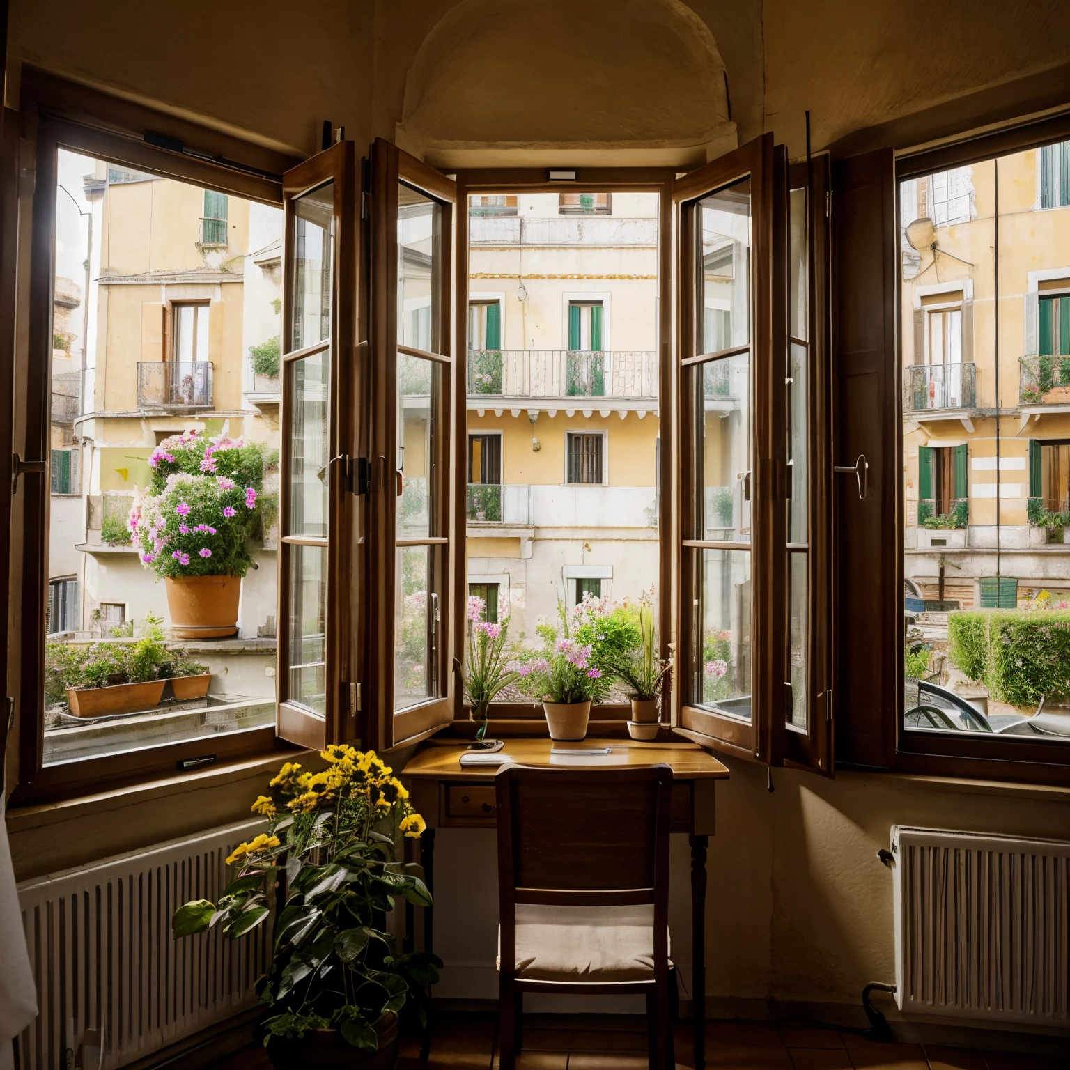 A desk sitting at a window. And a flower on the windowsill. And a garden outside with a park bench. In Italy