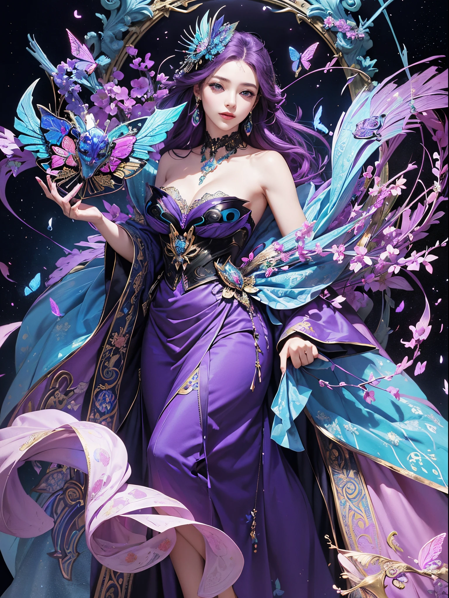 Butterfly motif、Purple and blue tones、Vibrant colors、((masterpiece)))、(((top-quality)))、((ultra-detailliert))、(A hyper-realistic)、(highly detailed CGillustration)、From the right side、Official art、Prague at the beginning of the 20th century、Decadent、Madame Papillon、Cool Beauty、Masquerade、refinement、Elegance、Gorgeous、Masks that cover most of the face、Colorful and detailed mask design、matchless beauty、Fans、gorgeous dress、jewely、Perfect Angle、perfect-composition。full body Esbian