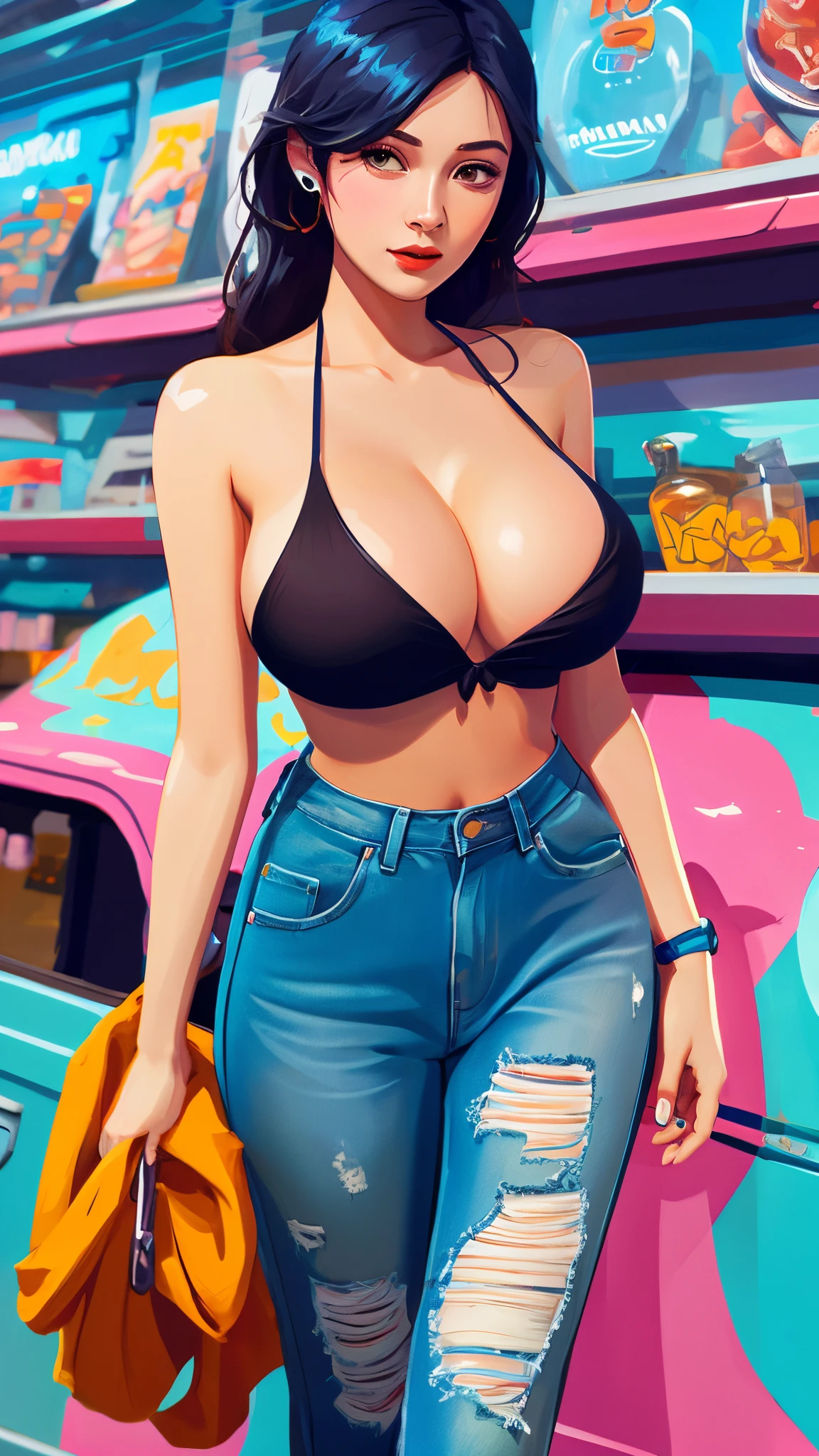 Masterwork, 8k, Best Quality, ultra-detailed, dynamic lighting, photo-realistic, cinematic lighting, detailed face, soft features, close up of a woman in a bikini top and jeans, jen bartel, rossdraws cartoon vibrant, colorful illustration, background artwork, cartoon art style, rossdraws 1. 0, stunning art style, artwork in the style of guweiz, huge breasts, sexy body, buxom, Curvy, nipples