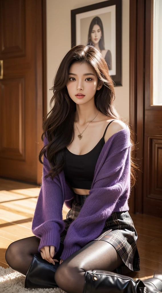 （best qualtiy，A high resolution，tmasterpiece：1.3），1 female, 23yr old, indian+chinese mix supermodel, Slender，Dark brown hair in loose wavy styling，medium breasts，Wear a pendant，Purple top, Plaid Black Skirt，Leather boots,（Modern mansion in background），Beautifully rendered details in face and skin textures，Detailed eyes, Sunny Afternoon