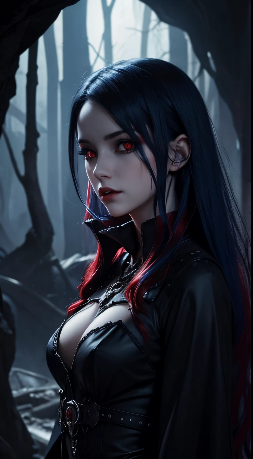 female vampire, dark cave background, black eyes, red pupils, blue hair, fantasy colors, random beautiful dress, half body, dangerous, creepy look, masterpiece, ultra high details