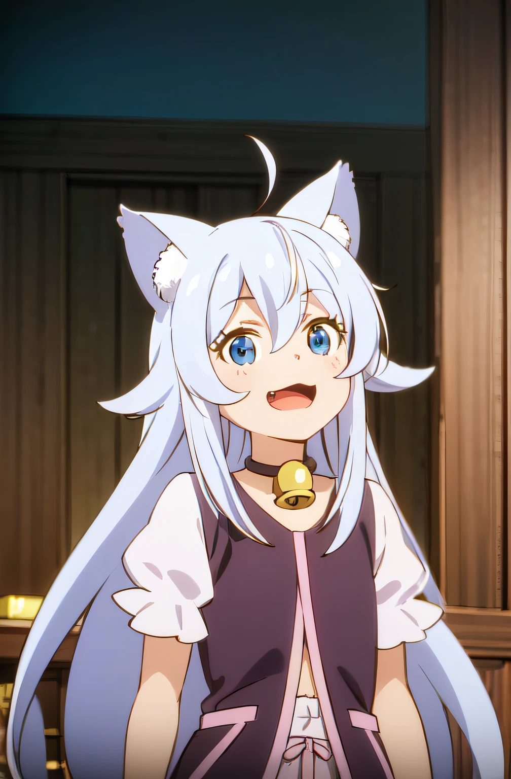Noela, 1girl, solo, portrait, looking at viewer, happy, bloomers,bell, short sleeves, boots, choker, puffy sleeves, ahoge, animal ears, very long hair, tail, black vest, indoors, standing, looking up, upper body,