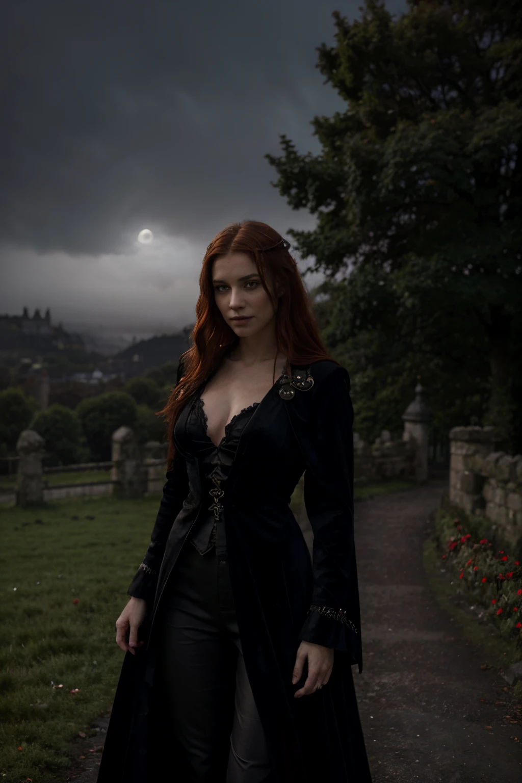 (best quality,4k,8k,highres,masterpiece:1.2),ultra-detailed,(realistic,photorealistic,photo-realistic:1.37),lively vibrant colors,softening the red tones,medieval Irish vampire lord with fiery red hair,graceful and noble posture,piercing vibrant green eyes,pale porcelain skin,long flowing red cape with intricate golden embroidery,luxurious velvet black suit with silver buttons and detailed trim,glistening fangs that catch the moonlight,ominous and mysterious smile,dark castle standing tall on the edge of a cliff,overlooking a misty Irish landscape,a full moon shining brightly in the night sky,spooky and eerie atmosphere,dense forest surrounding the castle,autumn leaves falling gently,ancient stone bridge leading to the castle gate,crimson roses blooming in the castle gardens,powerful aura exuding from the vampire lord,intense and dramatic lighting,casting long shadows across the scene.