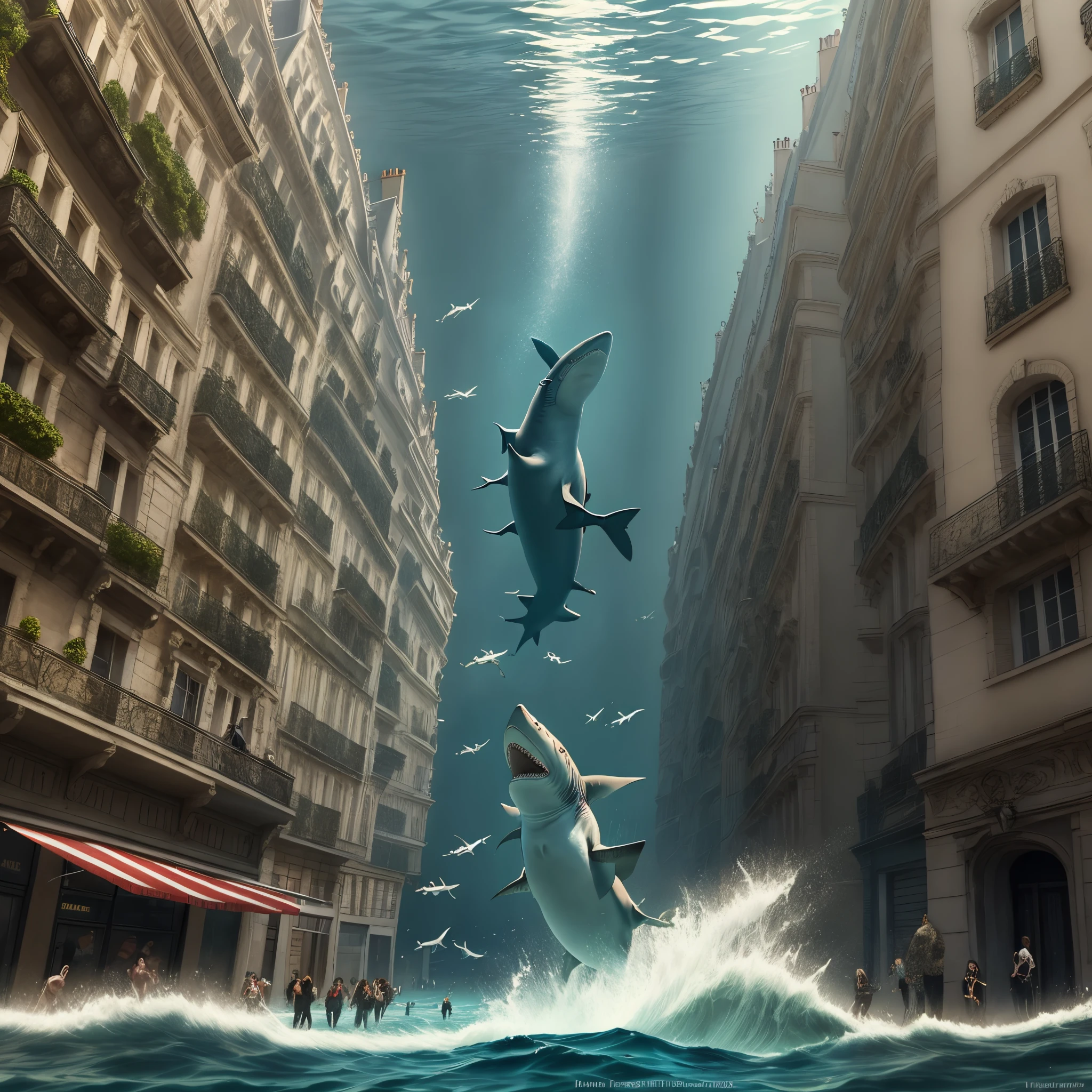 sharks swimming in paris wearing high heels