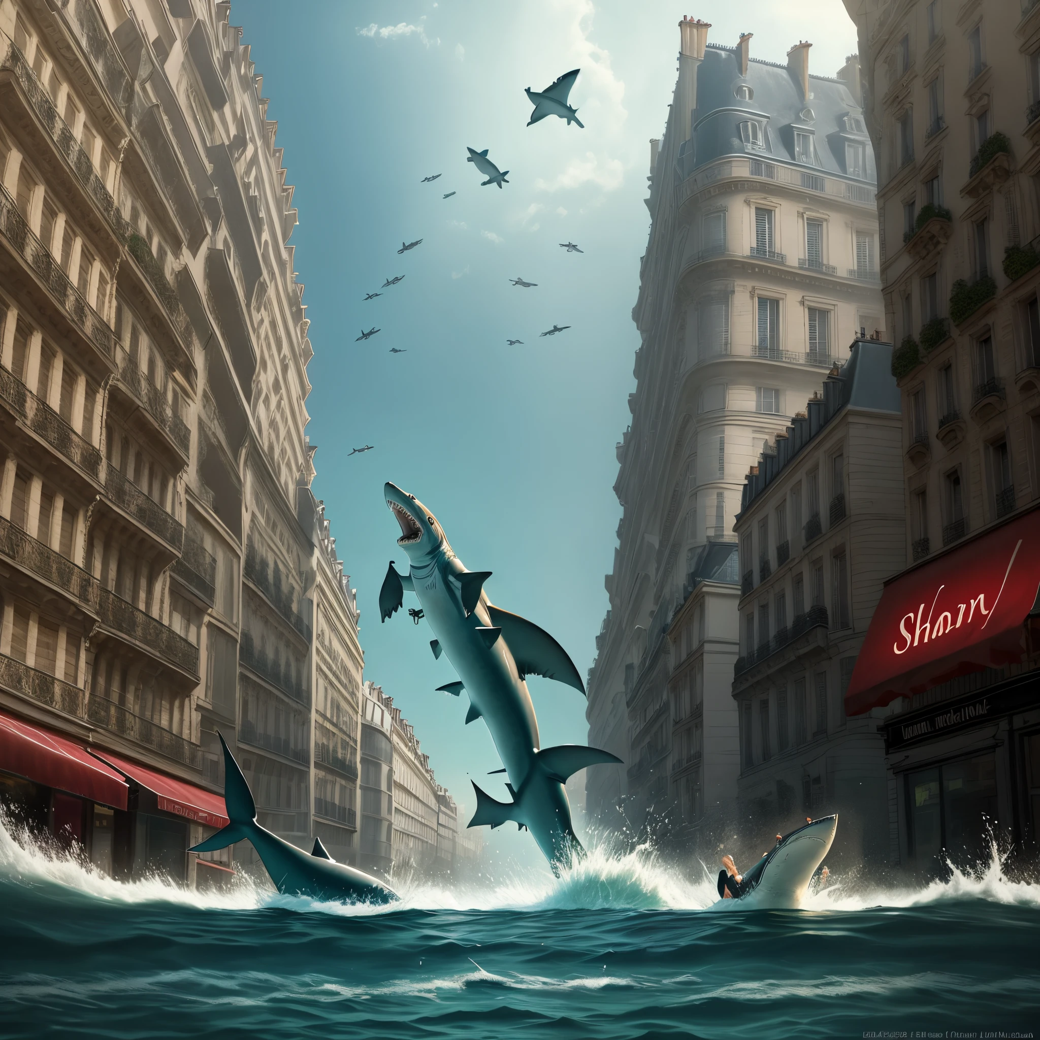 sharks swimming in paris wearing high heels