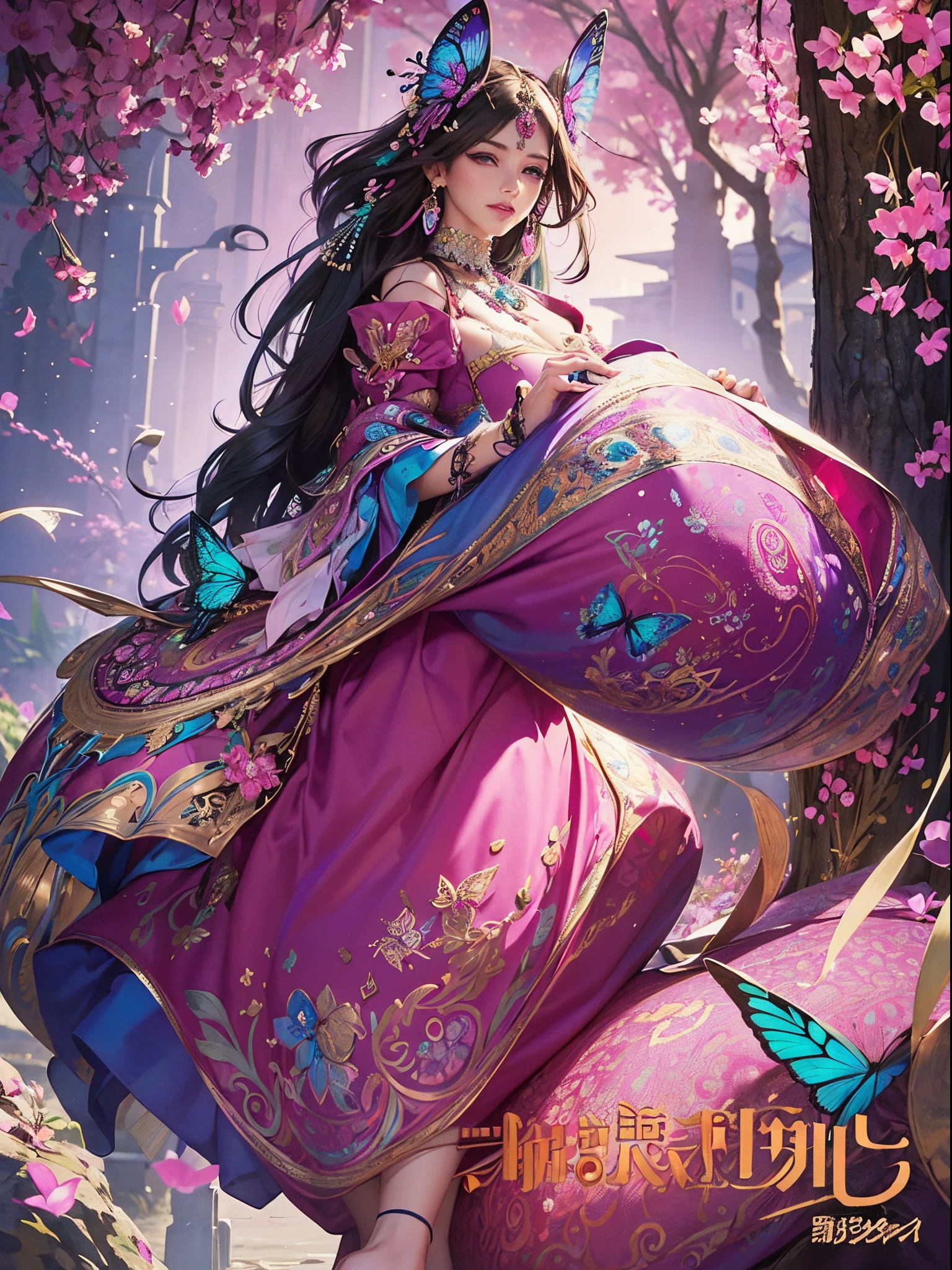 Butterfly motif、Magenta tones、Vibrant colors、((masterpiece)))、(((top-quality)))、((ultra-detailliert))、(A hyper-realistic)、(highly detailed CGillustration)、From the right side、Official art、Istanbul at the beginning of the 20th century、Decadent、Madame Papillon、Cool Beauty、Masquerade、refinement、Elegance、Gorgeous、Masks that cover most of the face、Colorful and detailed mask design、matchless beauty、Fans、gorgeous dress、jewely、Perfect Angle、perfect-composition。full body Esbian
