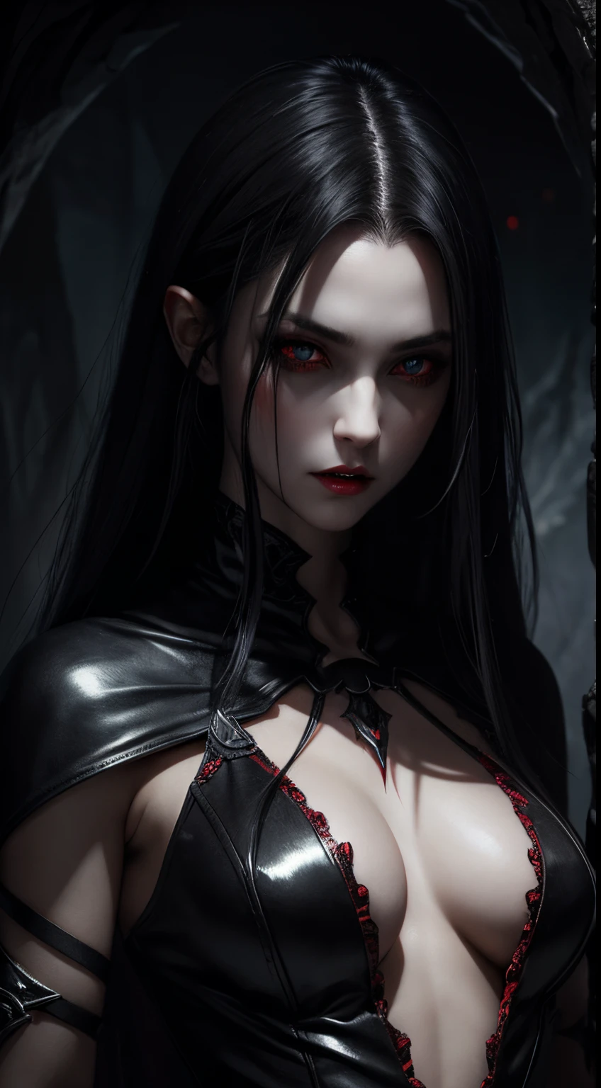female vampire, dark cave background, grey eyes, red pupils, black hair, fantasy colors, half body, dangerous, creepy look, masterpiece, ultra high details