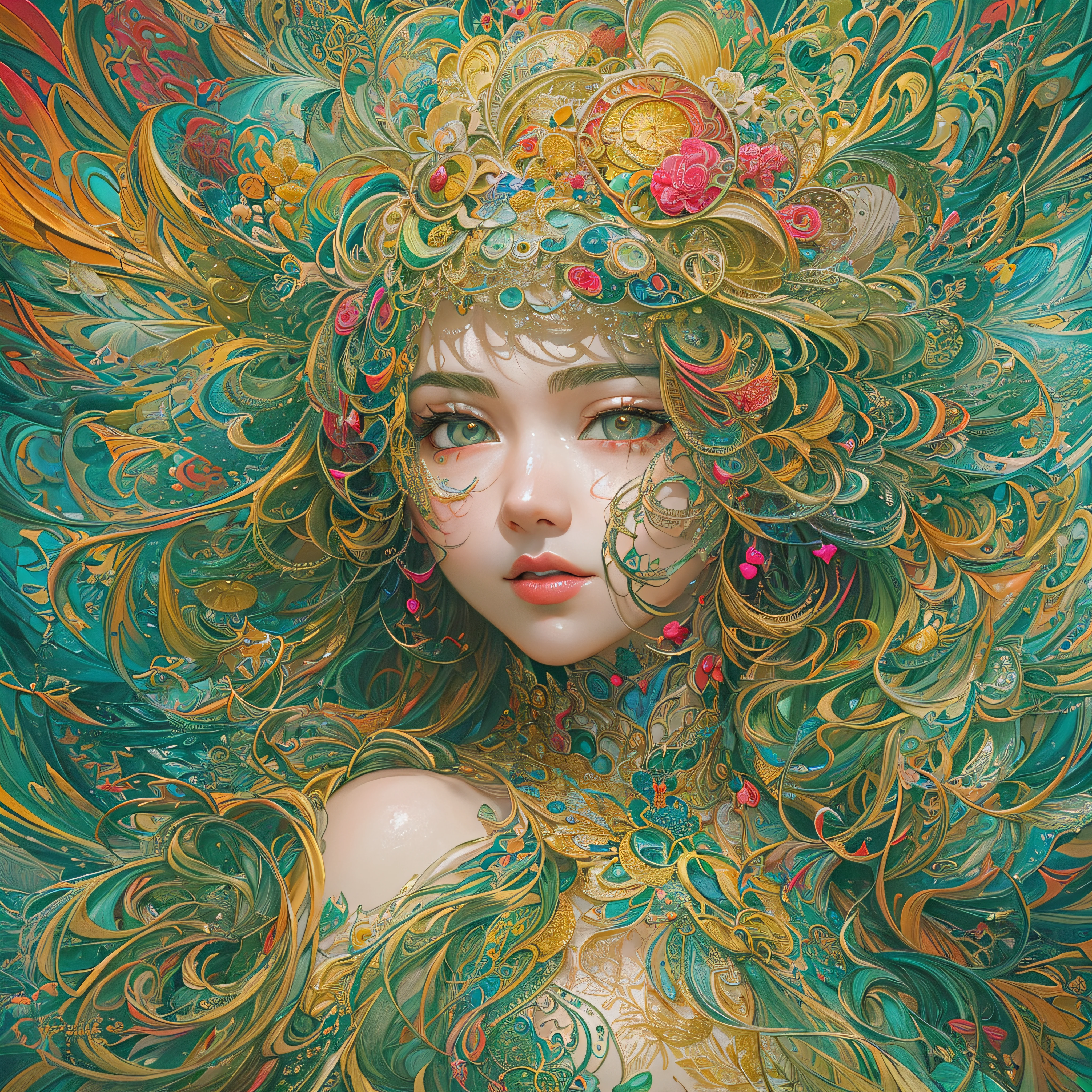 nordic girl, Light brown head, Satisfaction, sparkling, elegant and unique, gently swaying, mysterious and charming, realistic and abstract art, details, very realistic, beautiful and vital, dreamlike and surreal, delicate brush strokes and rich colors, beauty and mystery, unimaginable beauty,Ornate And Intricate, transparent, translucent, Agate material, jade material, BY Anne Bachelier.((( big hips, breast)))