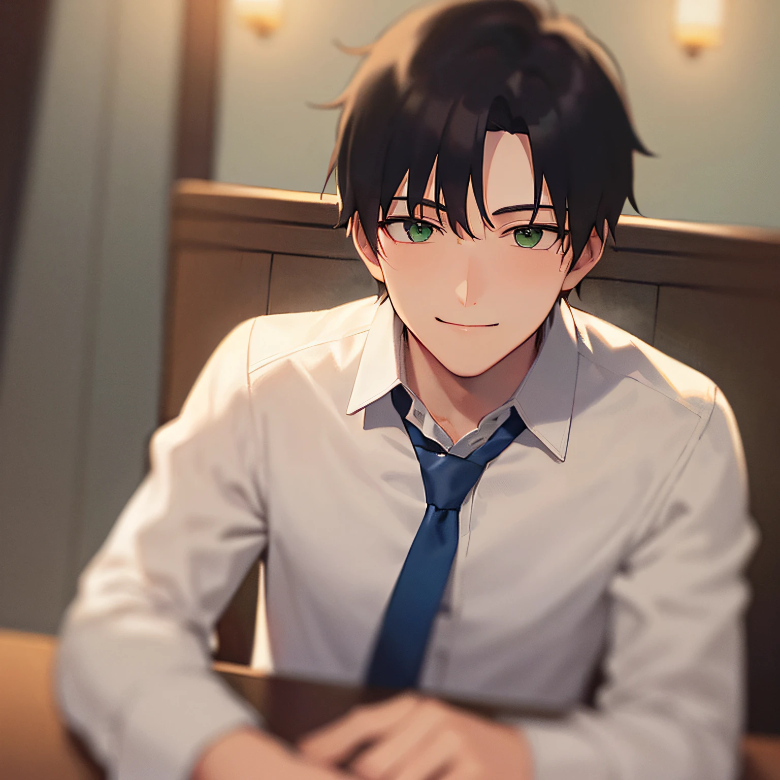 masterpiece、hightquality、25-year-old man with short black hair and green eyes、He wears a beige suit and white buttoned shirt.、Wearing a blue tie、(Alone:1.5)、(nervous smiling face:1.1)、(Close-up of your face:1.3)、(Only the upper body is shown.:1.3)、be at a fancy restaurant、sitting on、Bold composition、