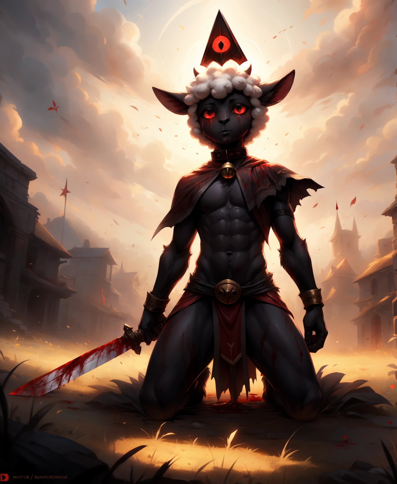 (masterpiece, high quality, best quality, hi res, absurd res), (wizzikt, cutesexyrobutts, pochincoff:0.6), (detailed fur:1.3), solo, anthro, male, cult of the lamb, slim, girly, (black face:1.4), (lamb \(cult of the lamb\), (black arms, black legs), white belly, white wool, wool \(fur\)), fully clothed, capelet, red clothing, front view, (excessive blood), kneeling, (kneeling on one leg:1.3), holding weapon, sword, blood, blood on face, blood on chest, blood on leg, blood on hand, blood on weapon, wounded, blood on ground, loincloth, grass field, day, bell collar, sunlight, hooves, planted weapon, sword in ground, torn clothing, supporting, (living weapon)
