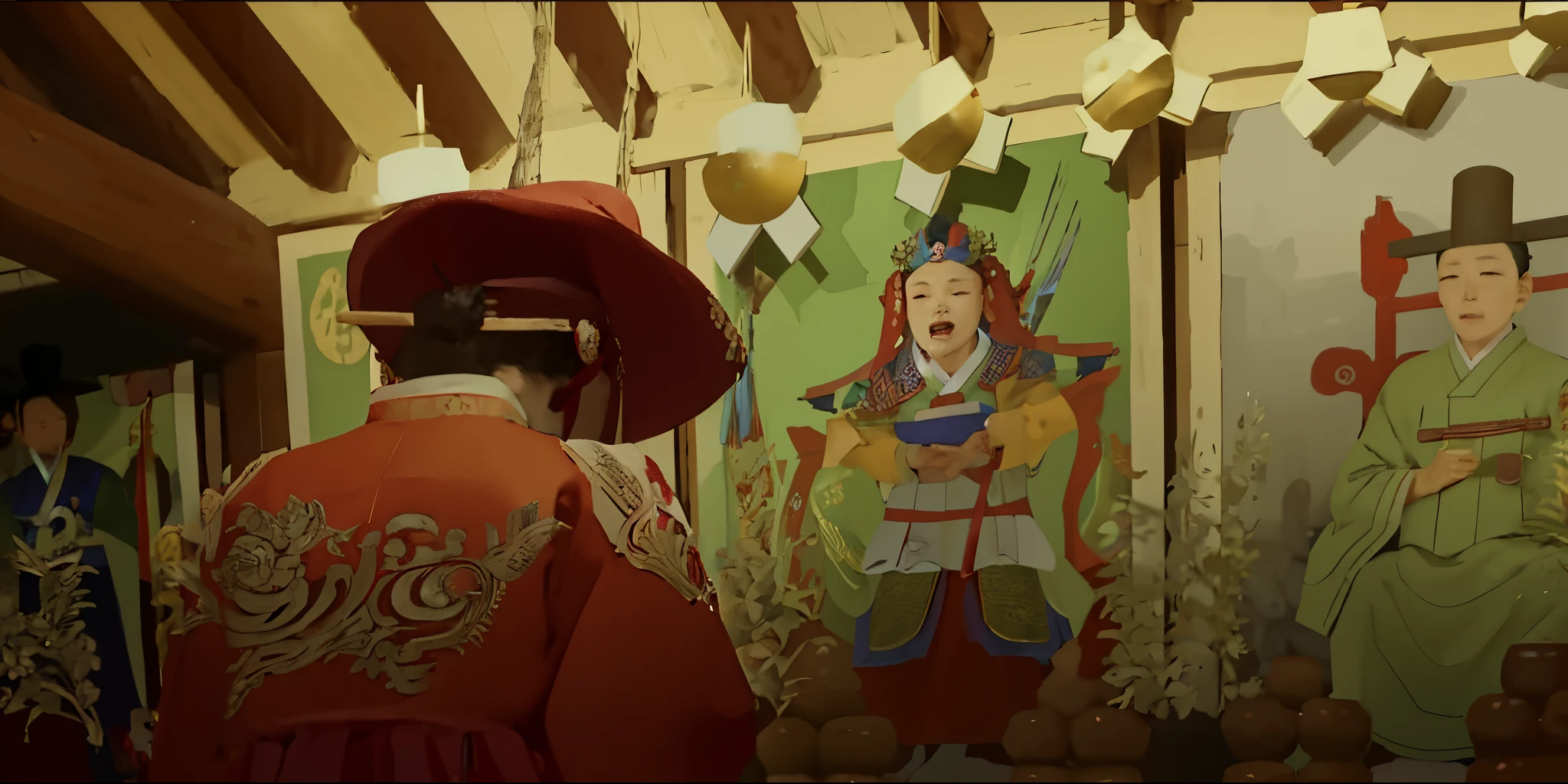 There is a woman wearing a red hat and a red dress., Opening Scene, highlight, still from a live action movie, korean mythology, screenshot from a movie, scene from live action movie, Still shots from the film, Movie Screenshots, Still images from the film, Songs inspired by Shin Yun-bok, Music Video, youtube video screenshot, still from a music video