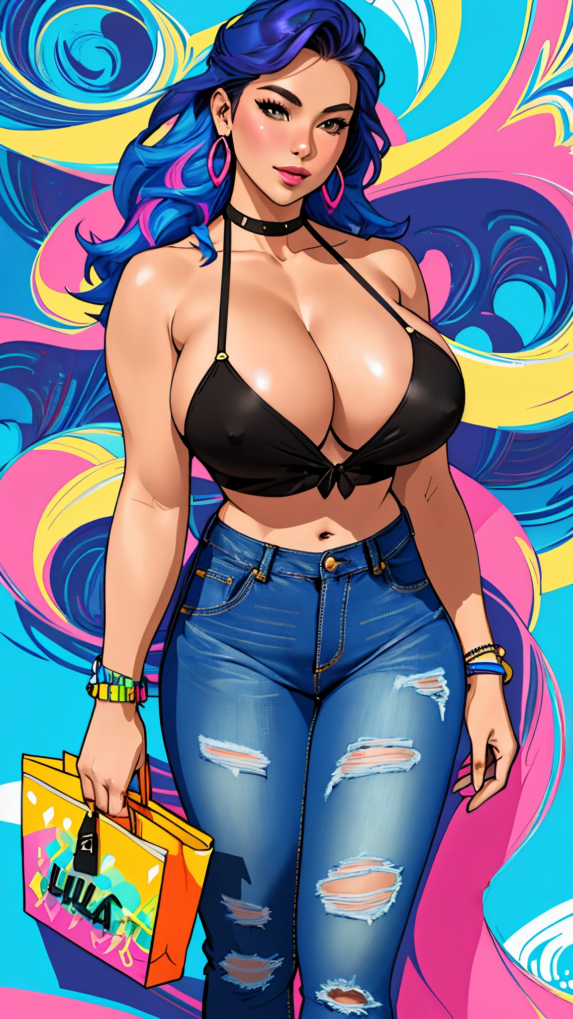 Masterwork, Best Quality, ultra-detailed, dynamic lighting, photo-realistic, a close up of a woman in a bikini top and jeans, jen bartel, vibrant, colorful, background artwork, huge breasts, sexy body, buxom, Curvy, nipples