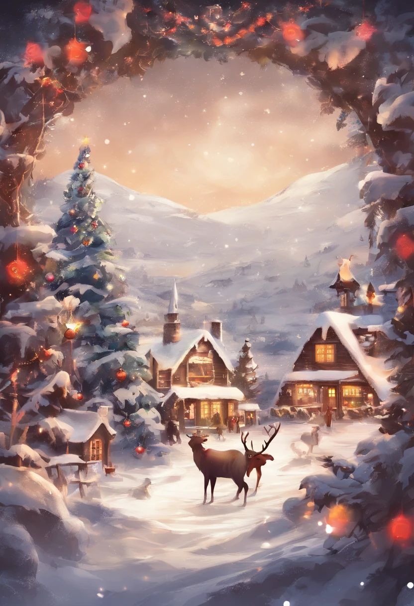 Christmas village with reindeer and christmas tree in the snow - SeaArt AI