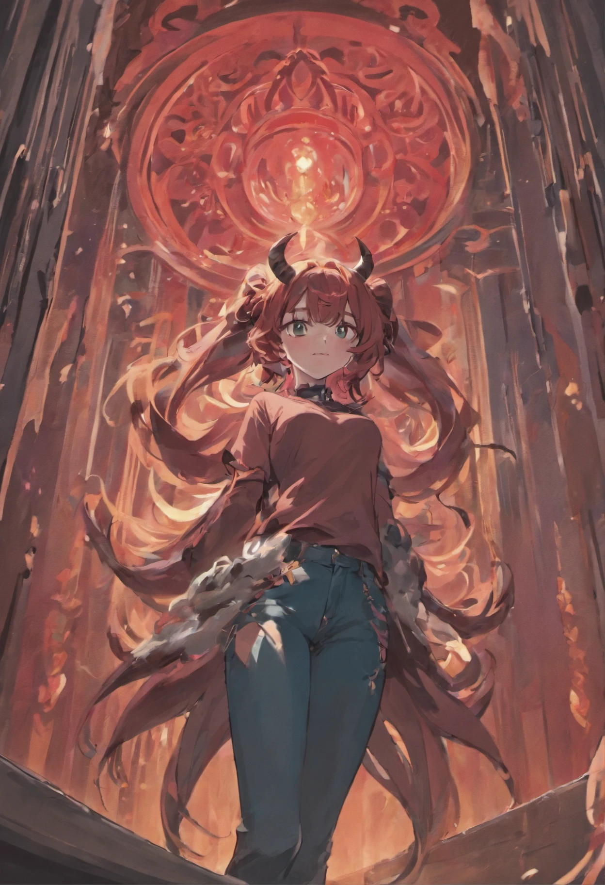 enigmatic but playful, (Emerald green eyes), ((Rich crimson hair)), (wavy cascading long hair), ((Twin pitch black demon horns)), otherworldly, exceptionally beautiful, ((plump)), big breasts, curvy, (((tight brown T-Shirt and blue jeans))), (ethereal spirit), (teasing smile), (high quality), volumetric lighting, evening light
