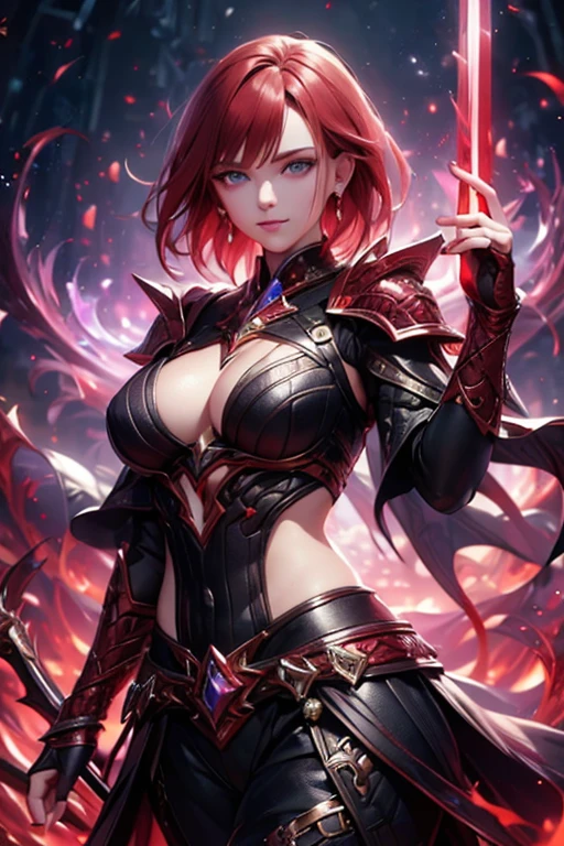 (best quality,4k,highres),redhead warrior women in battle,blue eyes, short hair,red hair (redhead):1.1,purple armor,gold plating,fire magic (magic:1.1),holding sword,purple earrings, smirk, confident, large breast,exposed belly button (sexy),casting spell,ultra-detailed,realistic,vivid colors, purple gems, dragon tattoo, tattoo on stomach,